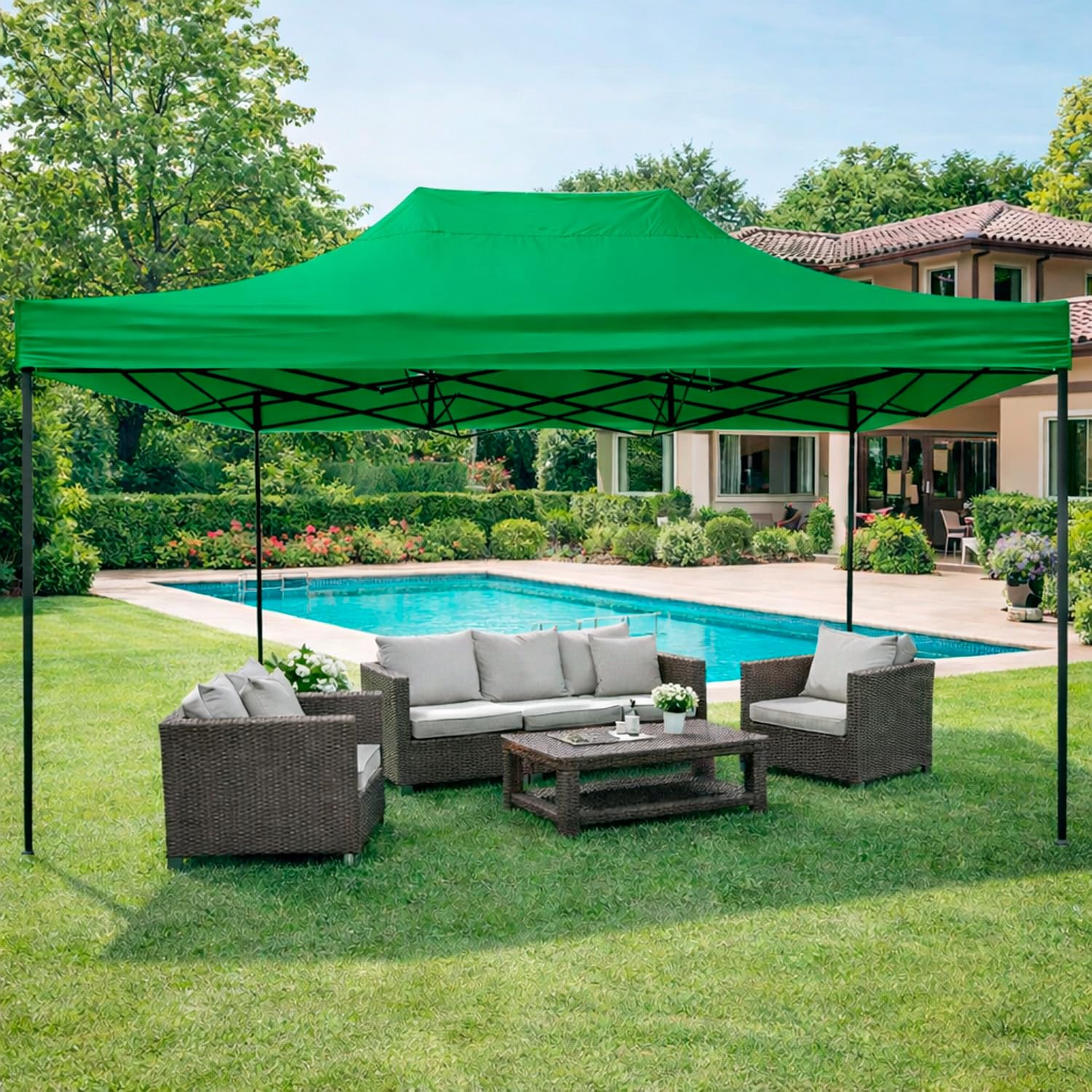 Gazebo Professionale 3x4.5 M Richiudibile Automatico In Acciaio Con Telo Oxford 1200D PVC Impermeabile e Anti UV Struttura a Fisarmonica con Sacche Zavorra e Borsa Trasporto Sagre Feste (Verde)