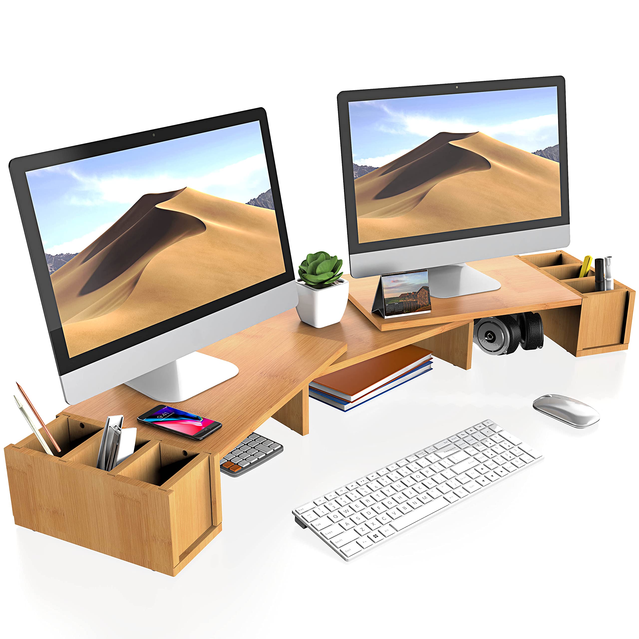 Buy WELL WENG Bamboo Dual Monitor Stand Riser, 3 Shelf Screen Laptop