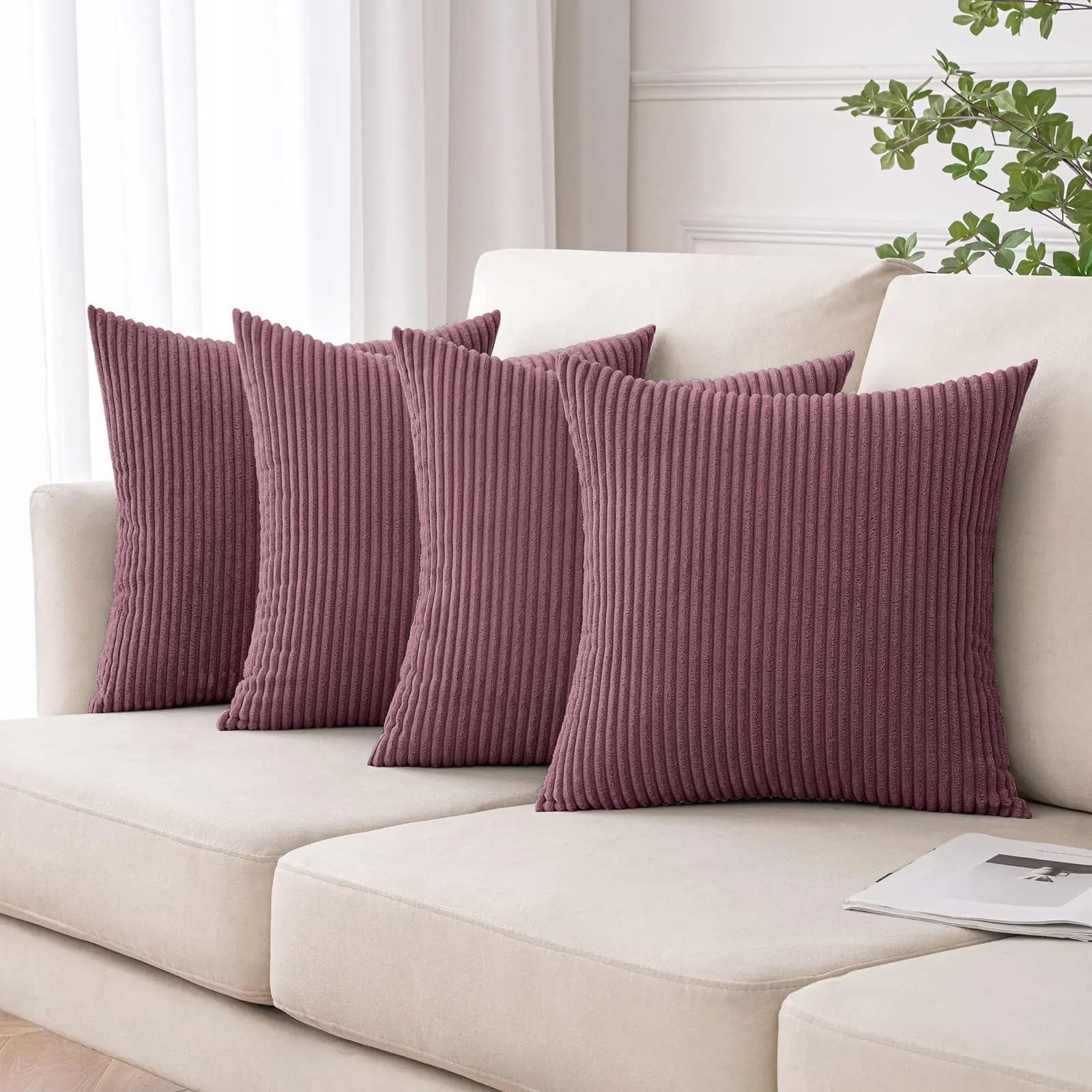 Moonlight Bedding Pink Corduroy Cushions With Covers Included Pack Of 4 (4 Covers, 4 Inserts) 45 X 45 Cm Decorative Stripe Throw Pillow Cases With Invisible Zipper For Living Room Bed Sofa
