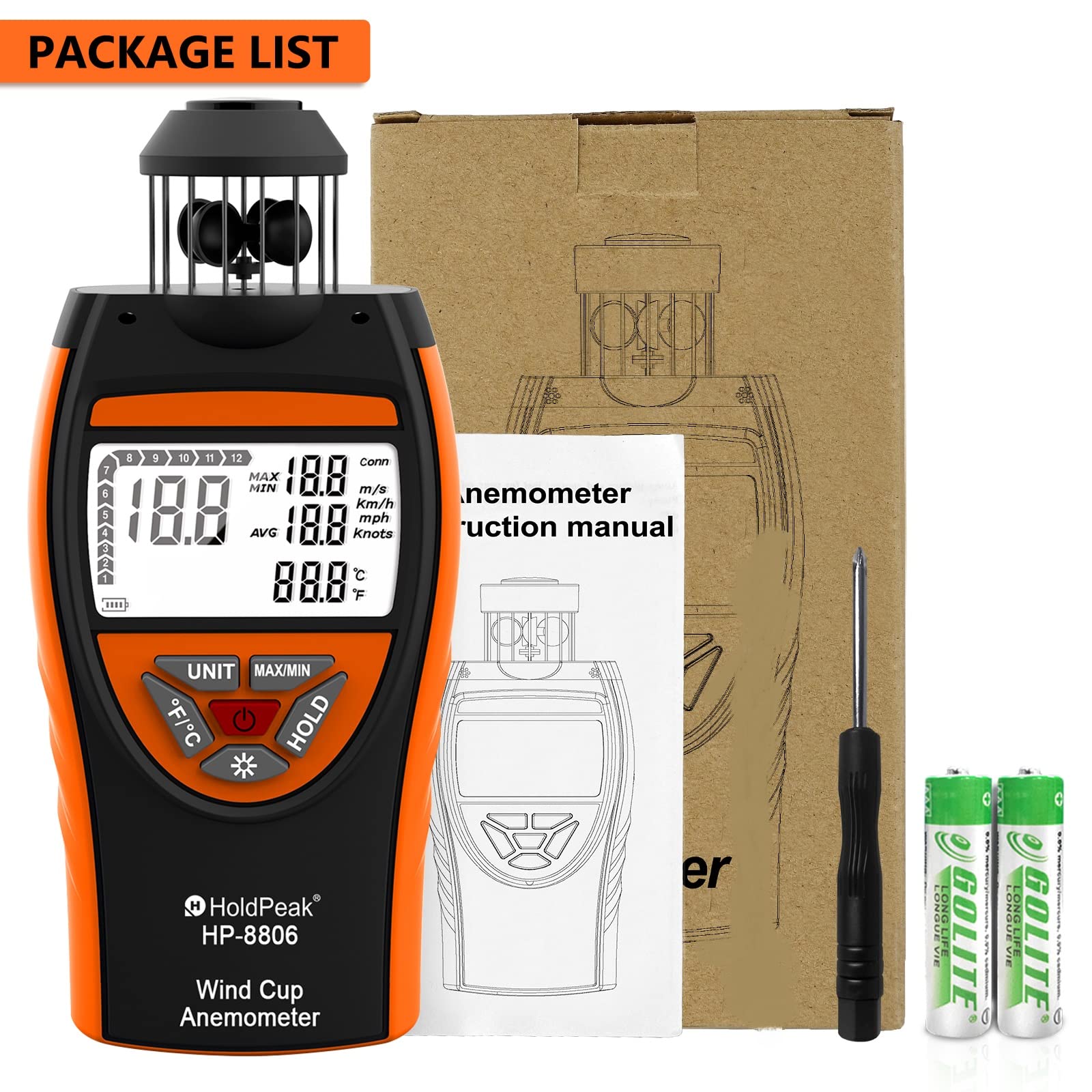 Anémomètre Numérique, HoldPeak 8806 Vitesse du Vent de Mètre 4 Cups Wind Speed Meter 0.7~42m/s Compteur de Vitesse du Vent et Température (℃/℉) avec Boussole, pour Tir, Pêche, Voile, Kitesurf