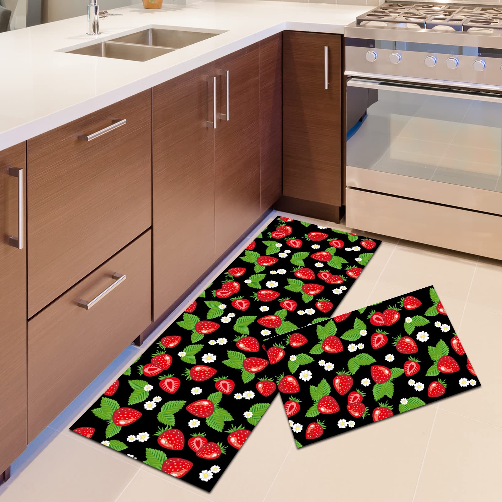 AVJWWD Kitchen Runner Almohadilla de Cocina Antideslizante, PVC 4mm Alfombra de Cocina Lavable Rug Runner 2 Juegos, Almohadilla de Cocina para Restaurante (40 x 60 cm+40 x 120 cm, Strawberry A)