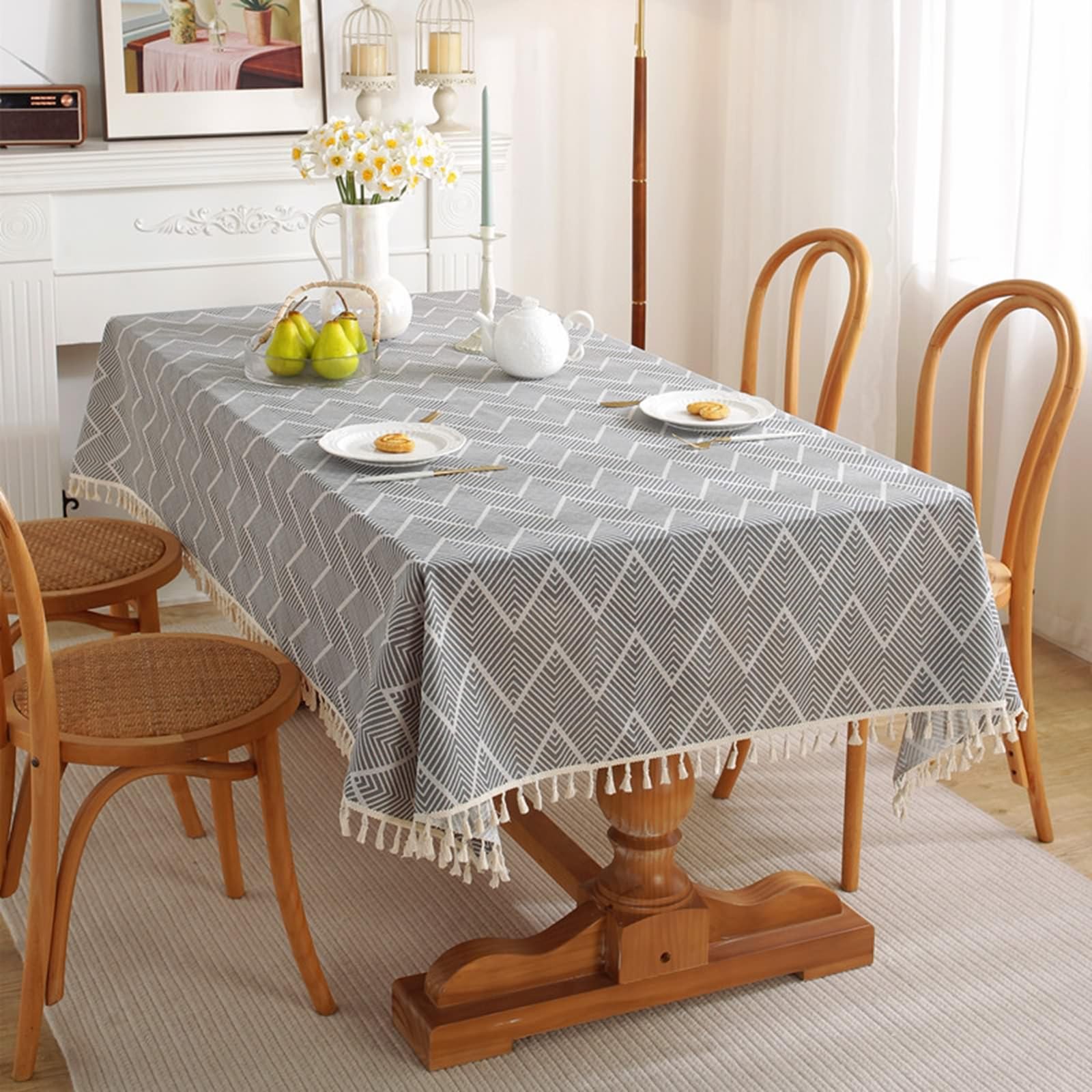 Mesnt Cotton Tablecloths for Rectangle Tables, Cotton Geometric Stripe Pattern with TasselDecorative Fabric Table Cover for Kitchen, Gray, Style 1, 39 x 55 Inches