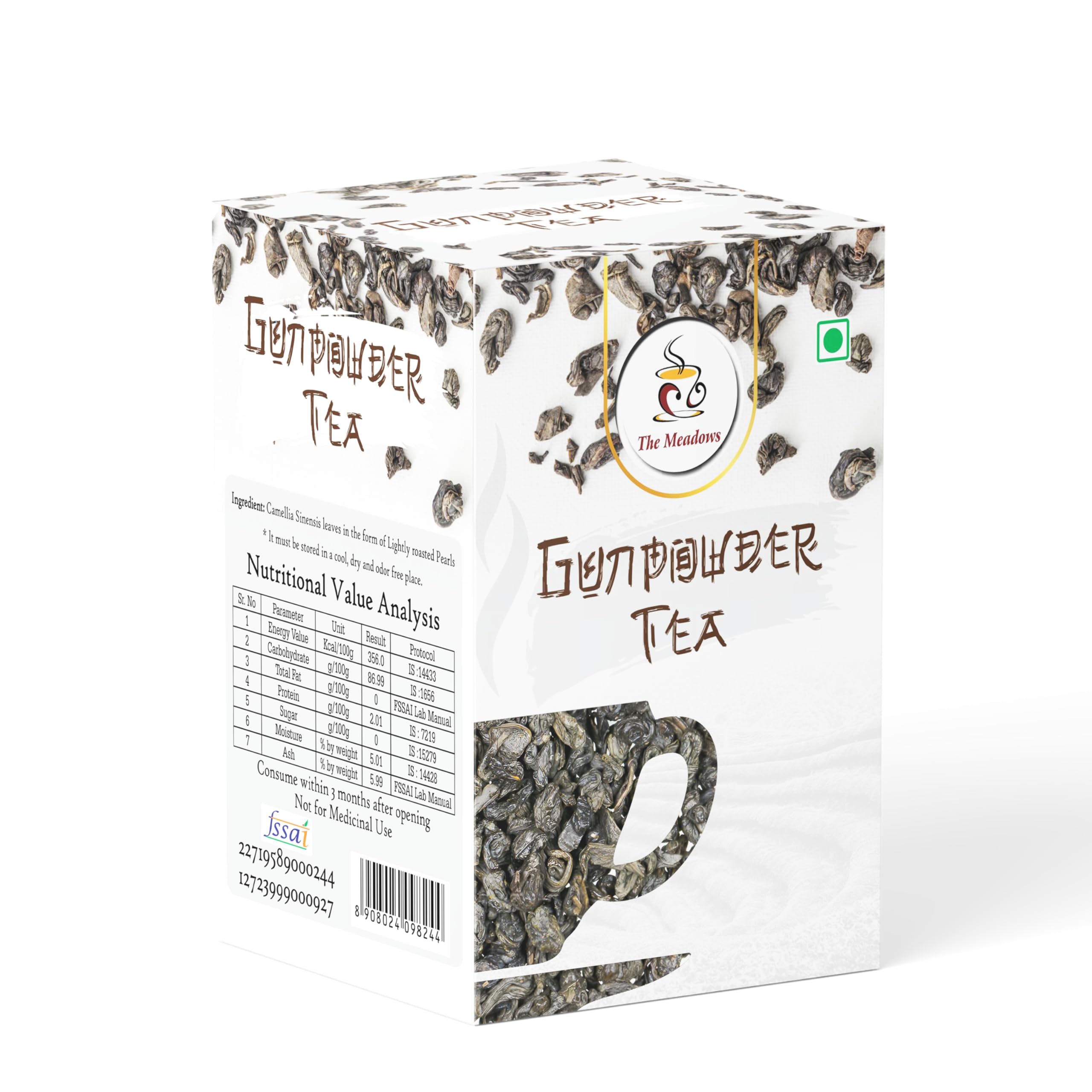 The Meadows Gunpowder Green Tea - 100g - 100 Cups | Smoky-Flavoured Loose Leaf Green Tea with Bold Taste (Pack of 1)-image-0