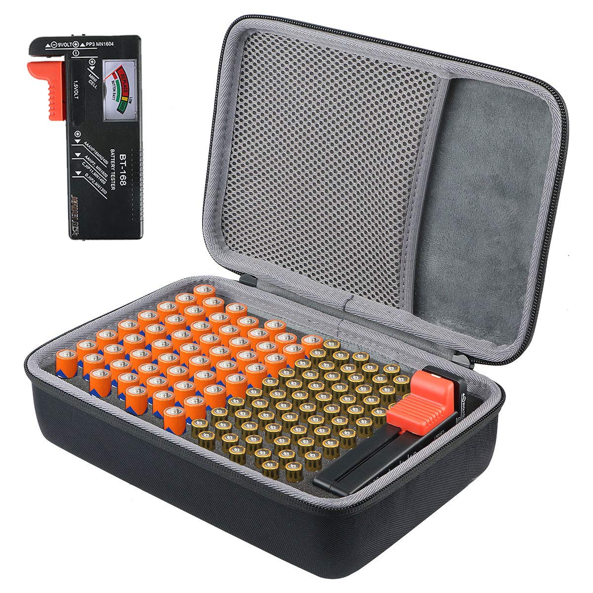 co2CREA Duro Estuche Funda para Organizador de Batería, Caja Organizadora de Pilas Dura con Capacidad para 155 Pilas AA AAA C D9V Caja de Pilas con Comprobador Digital de Batería BT-168D