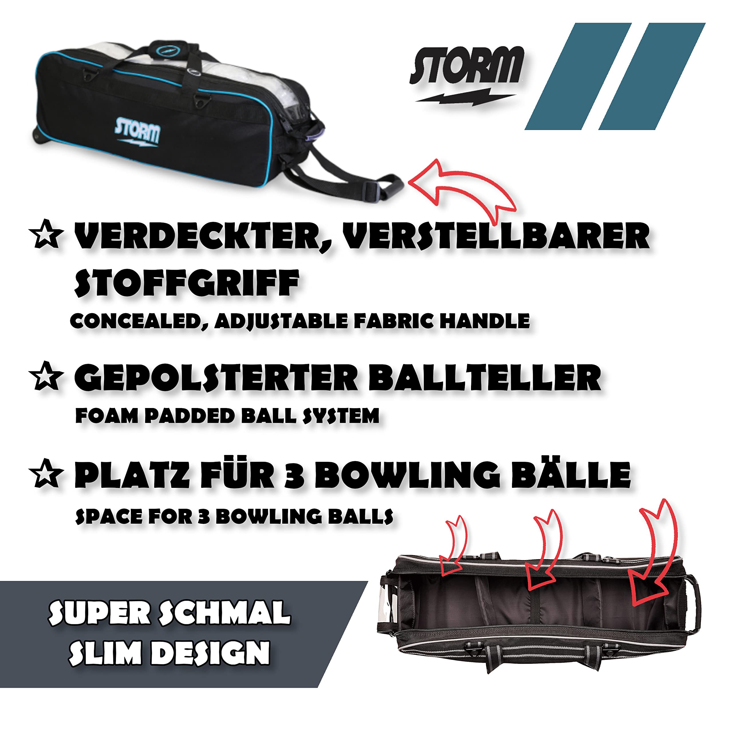 Sac de bowling pour 3 balles – Storm Tournament Triple Tote – Sac étroit à trois balles – Extrêmement léger – Fenêtre transparente – Plateau rembourré – Fermeture éclair renforcée – Noir