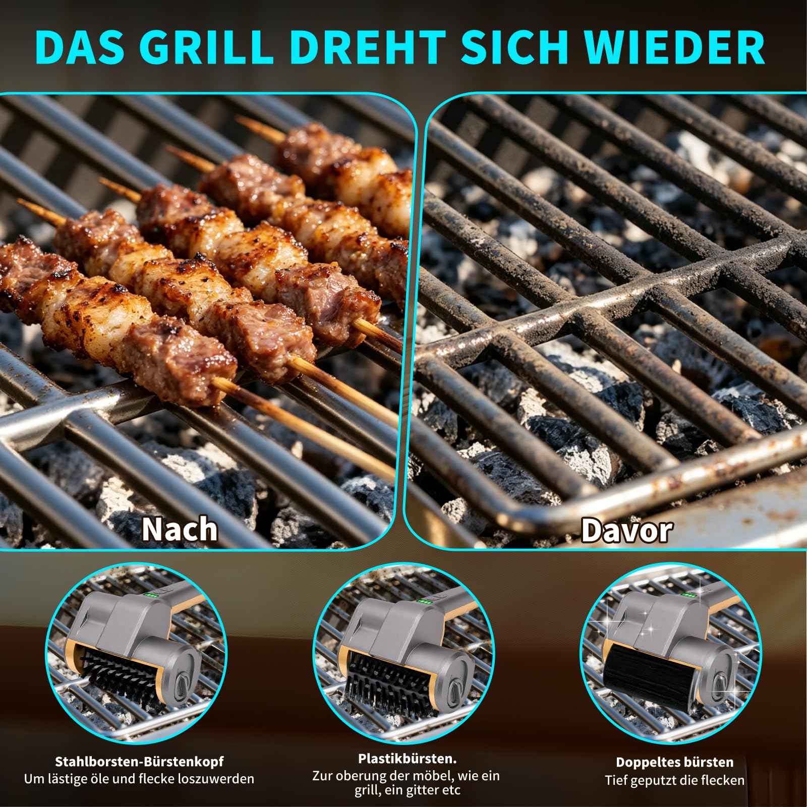 Elektryczna szczotka do grilla z oświetleniem LED, szczotka do grilla z akumulatorem z 2-stopniową czyszczeniem, wodoodporna i ładowalna szczotka do czyszczenia grilla BBQ, ruszt żeliwny, grill gazowy