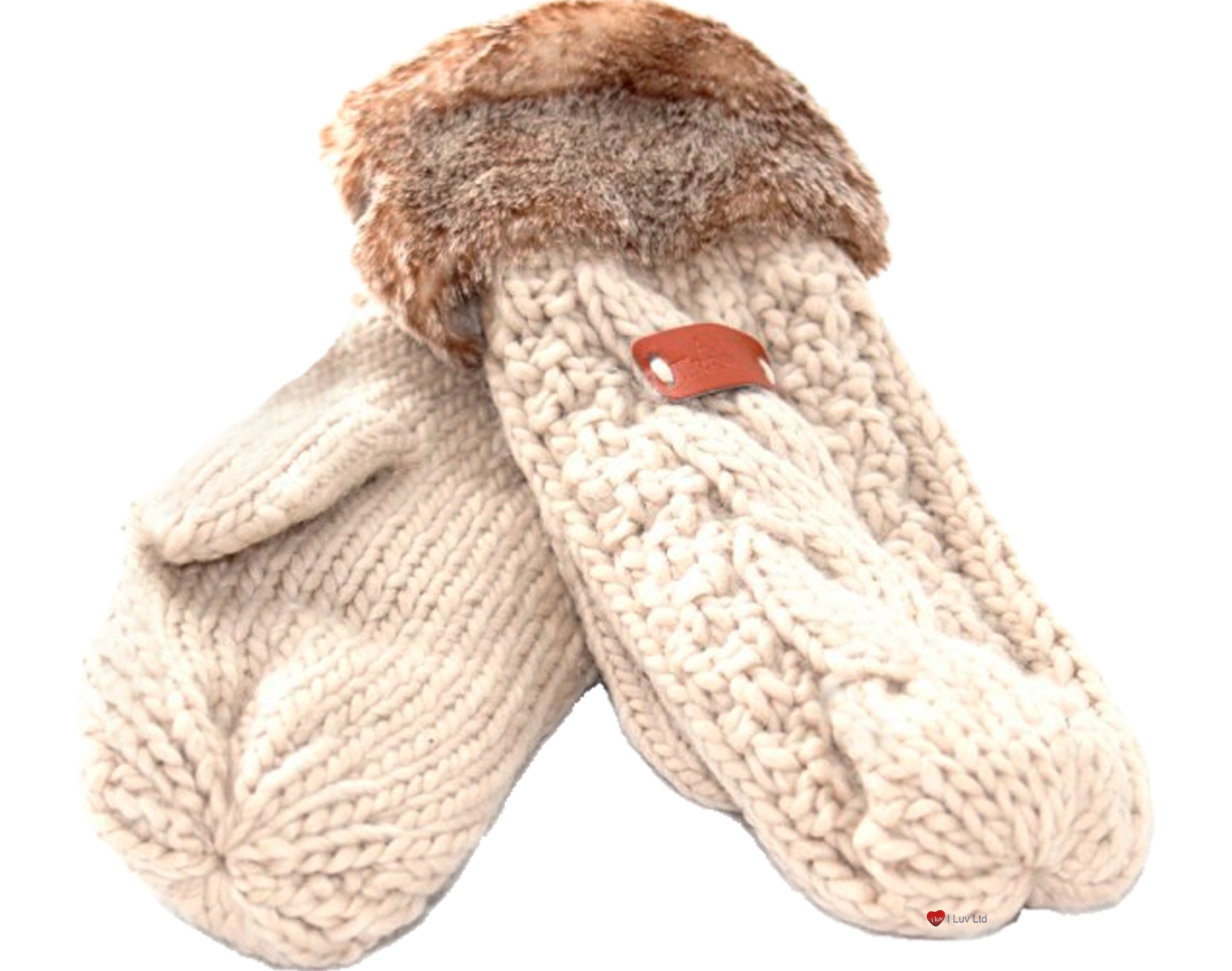 I LUV LTD Ladies Aran Knit Mitts in Cream with Fur Cuffs