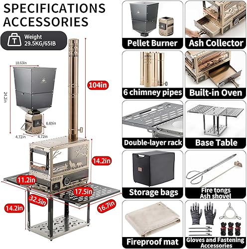 Miniatura 9 de Estufa de pellets M8 con quemador de pellets, hornobase, estufa portátil de acero inoxidable IGT, incluye 6 tubos de chimenea para camping, tiendas