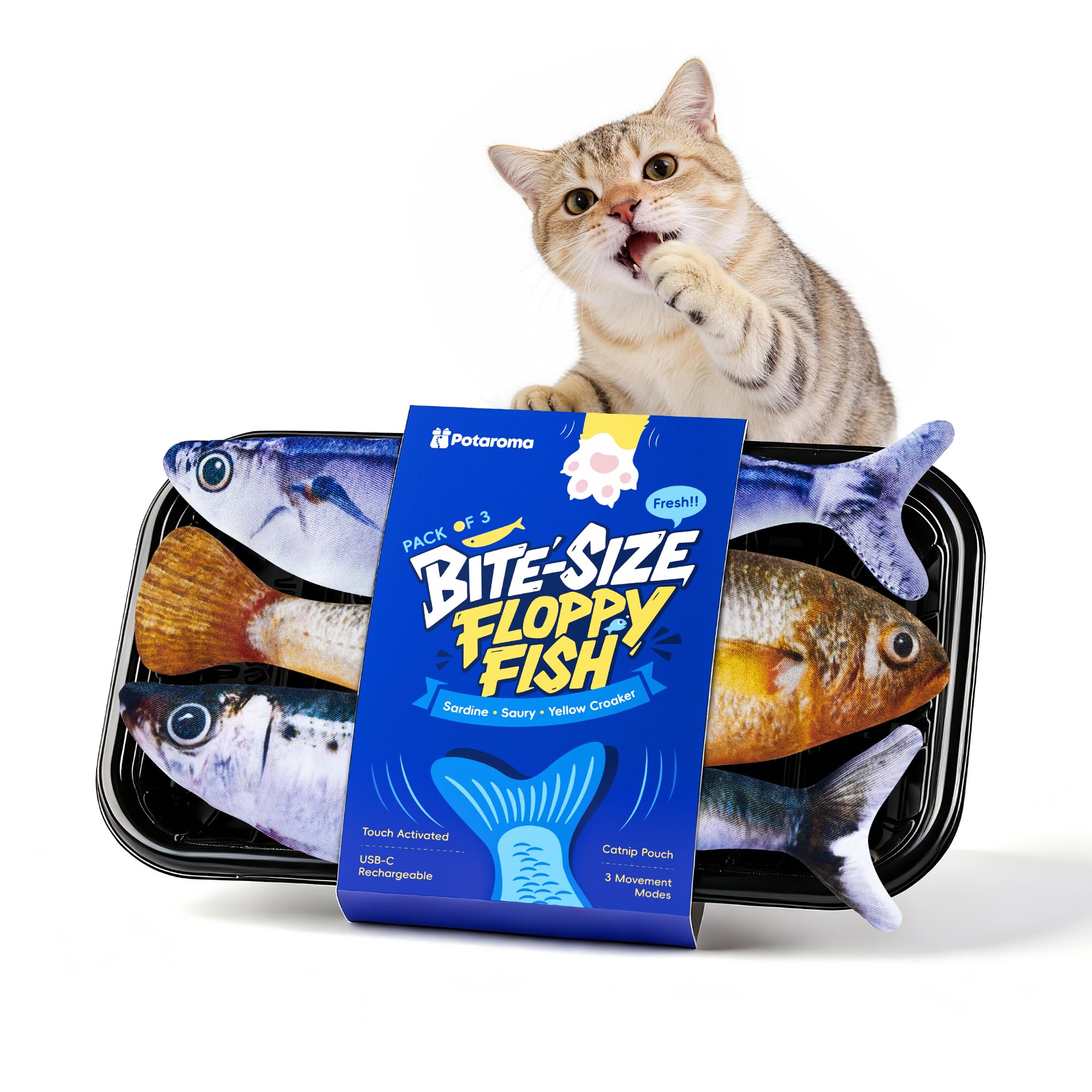 Potaroma Katzenspielzeug, interaktives elektrisches flatterndes Fisch-Spielzeug 3er-Set, wiederaufladbar mit Katzenminze & 3 Flattermodi, 18 cm, Stabiler Plüsch, automatische Bewegungsaktivierung