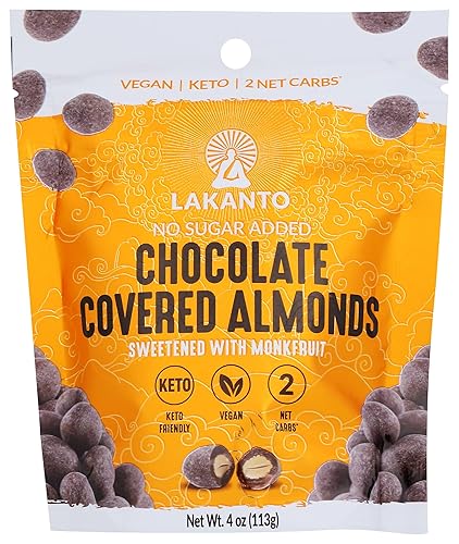 Lakanto Almendras cubiertas de chocolate keto endulzadas con fruta de monje, sin azúcar añadido, aptas para dieta cetogénica, veganas, 4 onzas