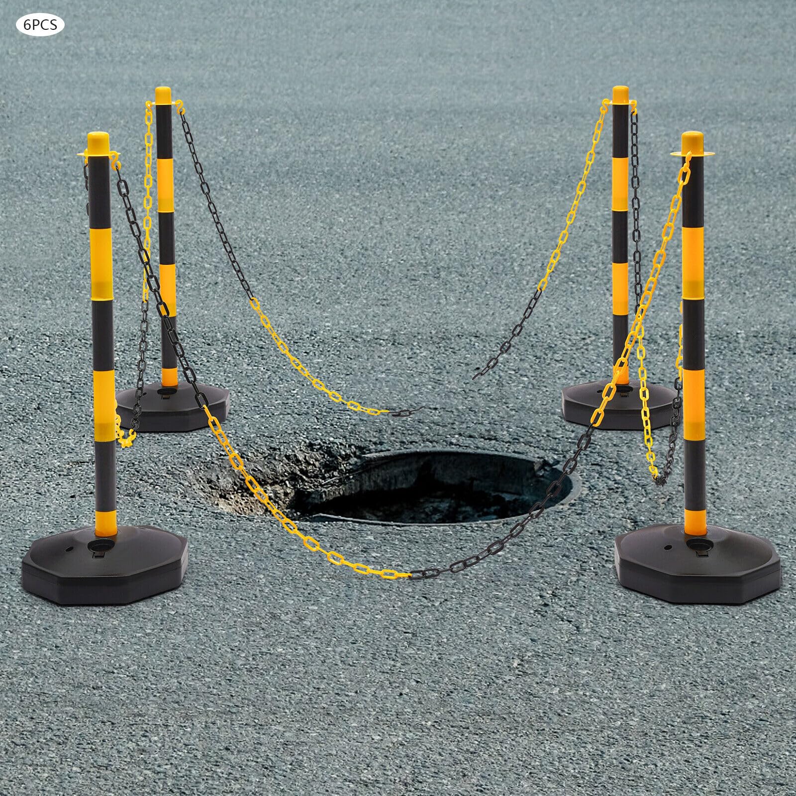 Lot de 6 cônes de signalisation réglables pour parking avec chaînes avec base remplissable, poteaux d'arrêt jaunes et noirs