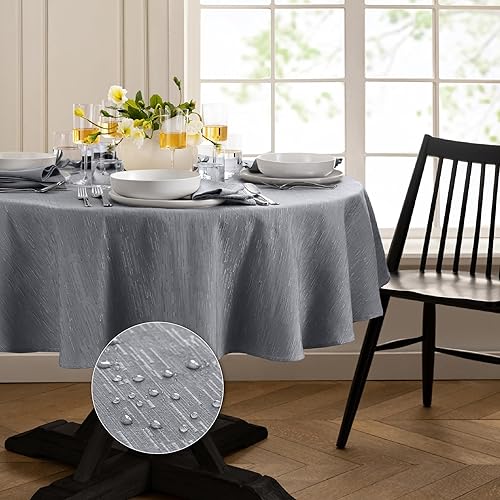 Elrene Home Fashions Continental Solid Texture Water, Stain & Wrinkle Resistant Tablecloth, 90" Round, Gray