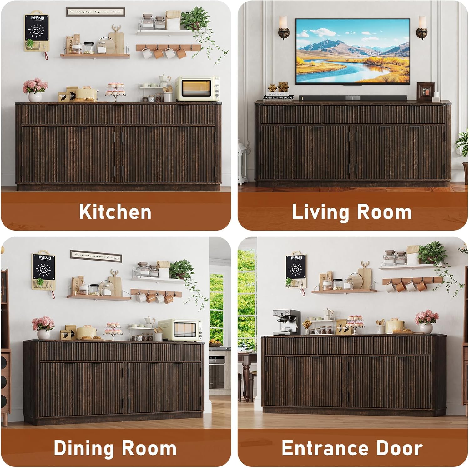 70” Large Curved Buffet Cabinet with 3 Storage Drawers,Kitchen Fluted Sideboard Cabinet w 4 Door Shelves,w Load-Bearing Steel Pipe,Wood Farmhouse Coffee Bar Cabinets,Kitchen Pantry(Rustic Brown) Rustic Brown 70in
