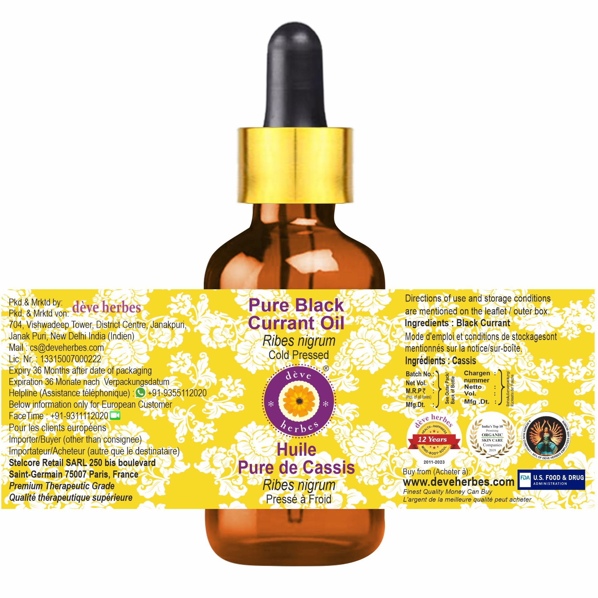 Deve Herbes Reines Schwarz Johannisbeere Öl (Ribes nigrum) mit Glas Tropfer Natürliche Therapeutische Qualität kaltgepresst 30ml (1 oz)