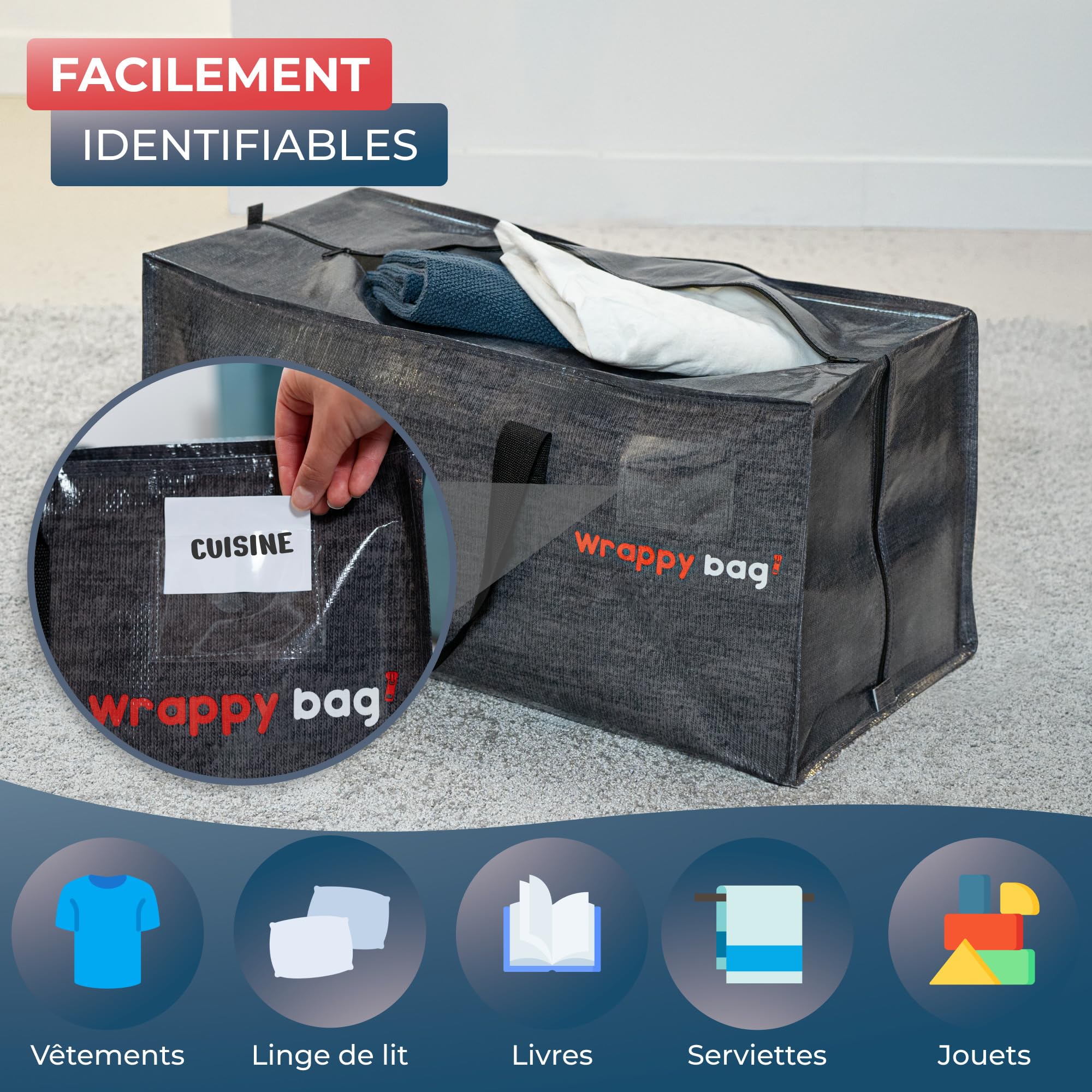 WRAPPYBAG Lot de 4 Grands Sacs à dos de Rangement Plastique – Sacs Jumbo XXL – Déménagement & Voyage – Solide, Épais & Déperlant avec Poignées Renforcées – Vêtement & Linge de Lit – 76 x 36 x 38 cm
