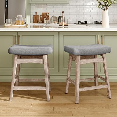 Miniatura 22 de MAISON ARTS Juego de 2 taburetes de bar beige para encimera de cocina, patas de madera maciza con asiento de cuero sintético, taburetes de bar de