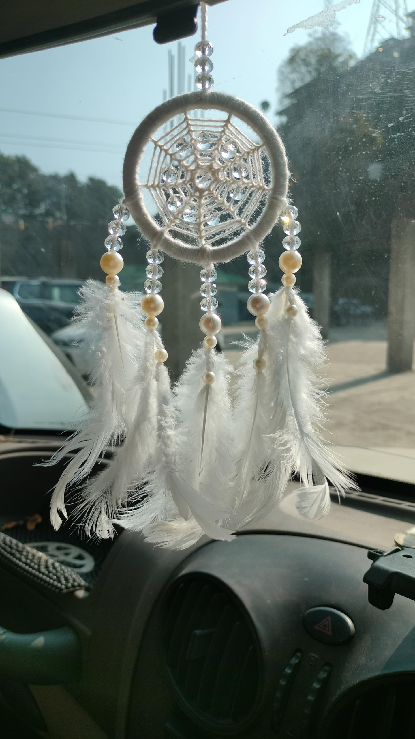 Manka Atado™ Handmade White Pearl Medium Sized Dreamcatcher (Perfect for Home Decor, car Hanging, Office Decor or can be Given as Gift) 23 cm Long, 7 cm Ring, 15 cm breadth-image-21