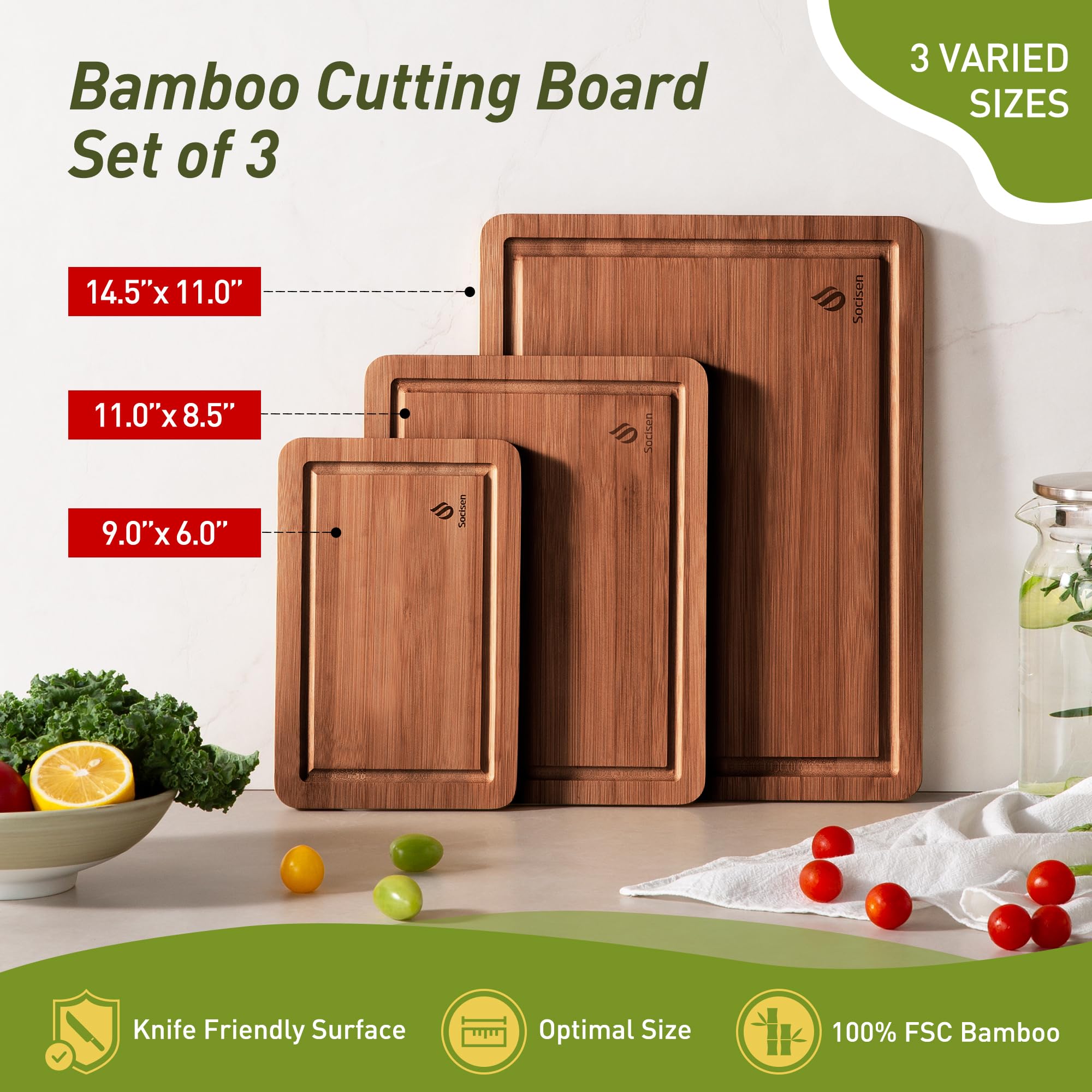 Socisen Juego de tablas de cortar de bambú de 3 piezas con pies antideslizantes y sobre el fregadero, tablero de madera maciza, ranuras gruesas para jugo, extragrande, grande, pequeña, la mejor