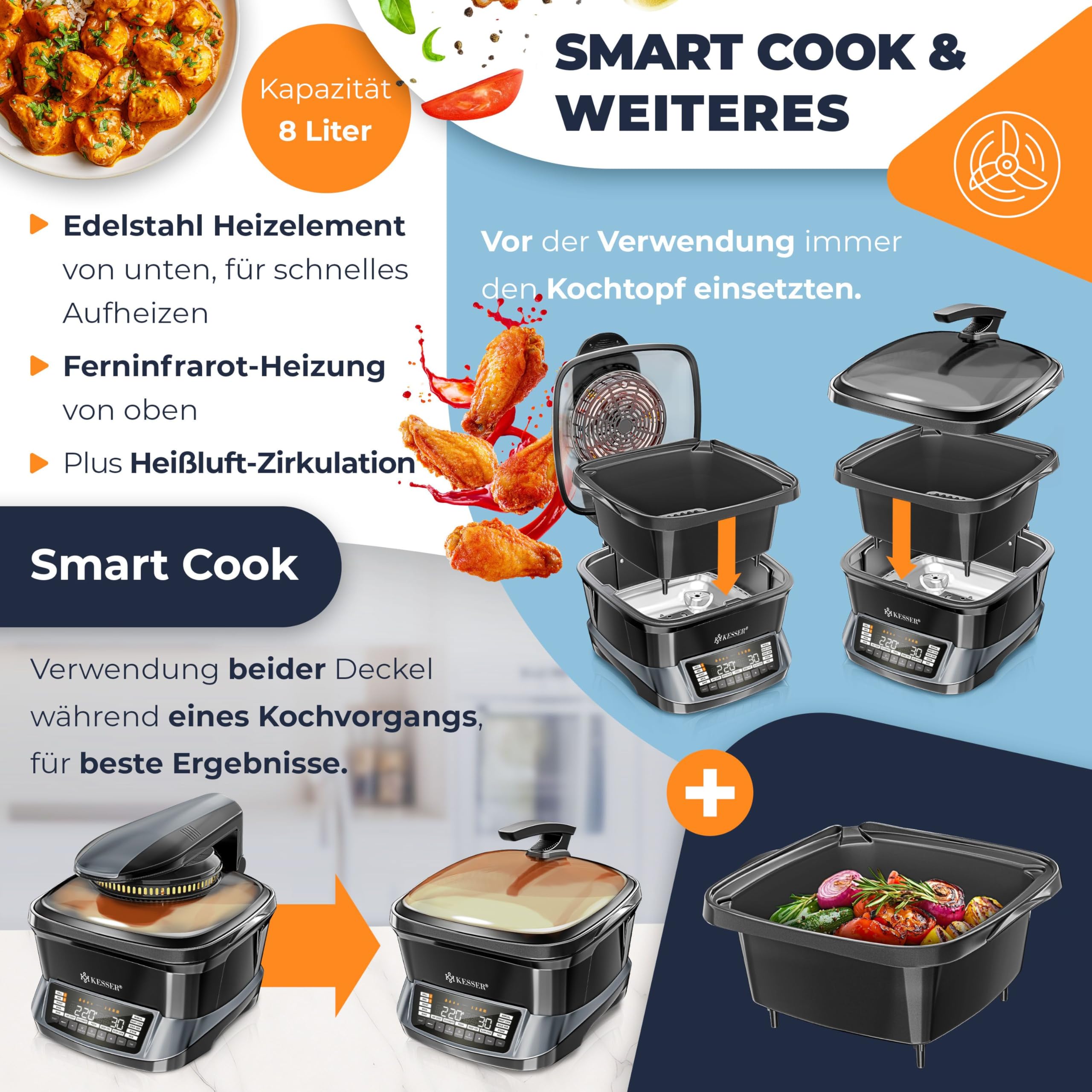 KESSER® Multikocher mit Heißluftfritteuse 8L & 16 Programme Küchengerät - Grillen, Backen, Schmoren, Dampfgaren Vorheiz- & Warmhaltefunktion Reiskocher Slow Cooker, Joghurtbereiter