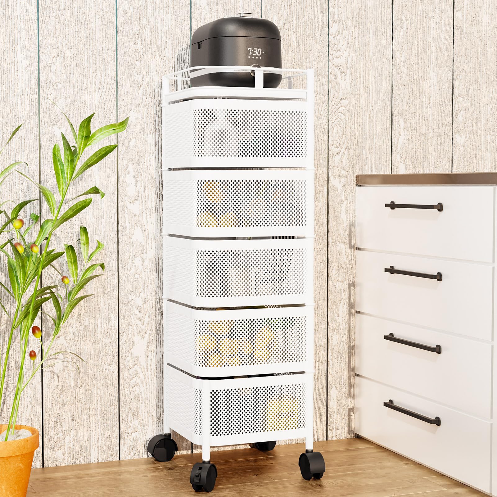 Carrello da cucina rotante a 5 strati in filo metallico per frutta e verdura, versatile carrello portaoggetti con coperchio, per cucina e soggiorno, mobile su ruote