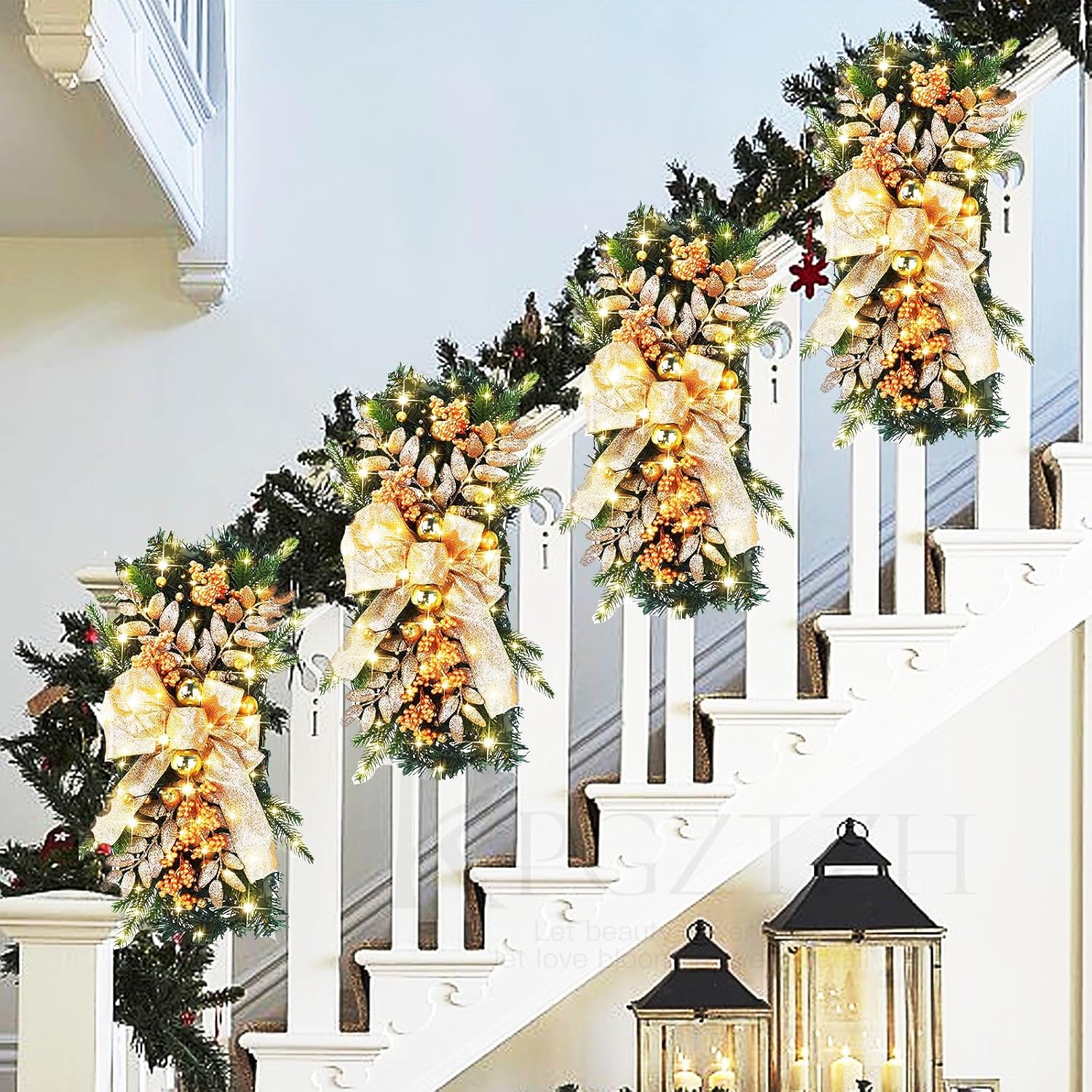 2 Pack Christmas Swags for Stairs LED 17.7inch Xmas Cordless Stairway Swag Artificial Teardrop Trim Wreath Garland Christmas Decorations for Staircase Front Door Home Window Decor (2, A)