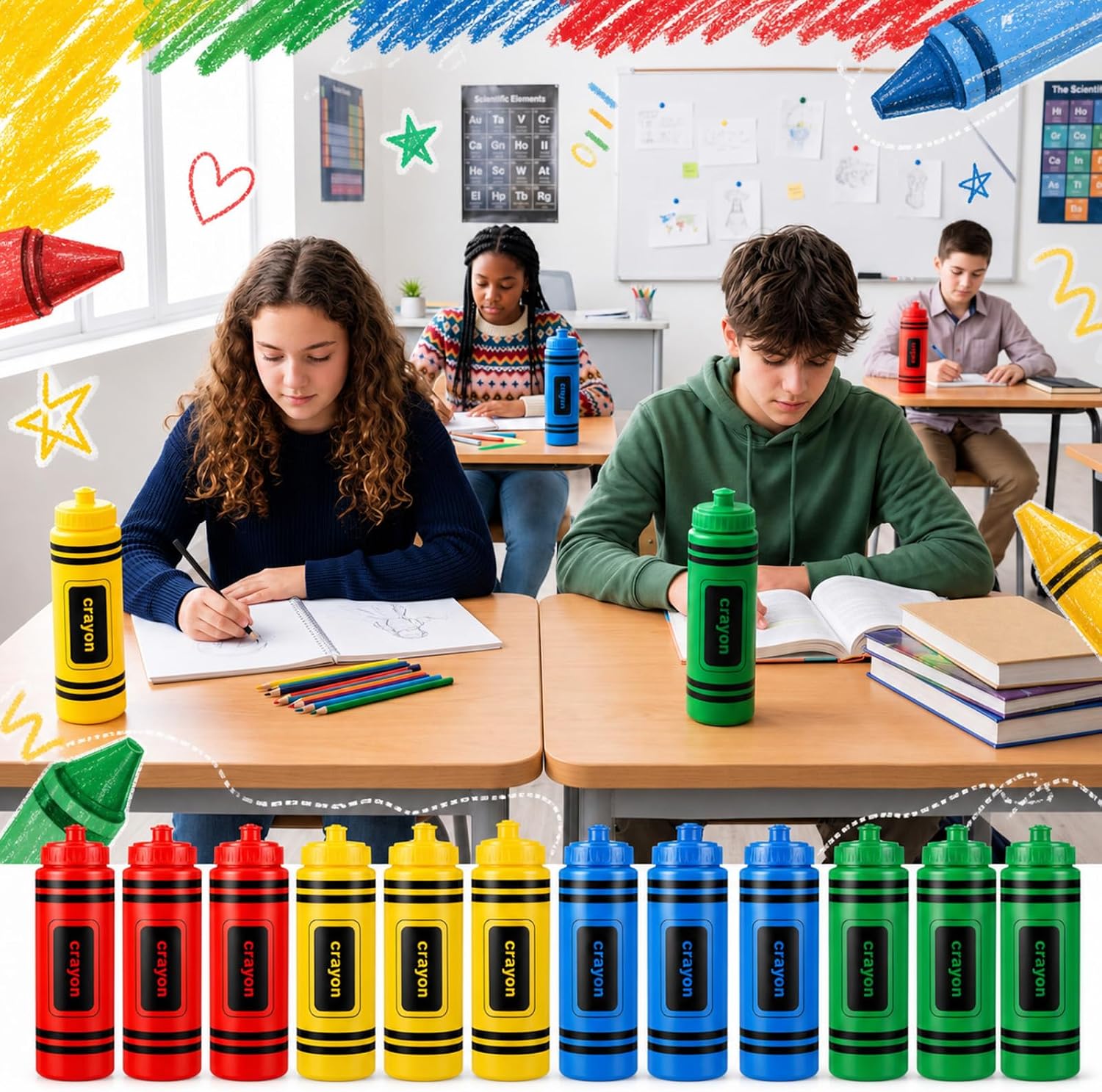 12 Crayon Style Water Bottles 20oz