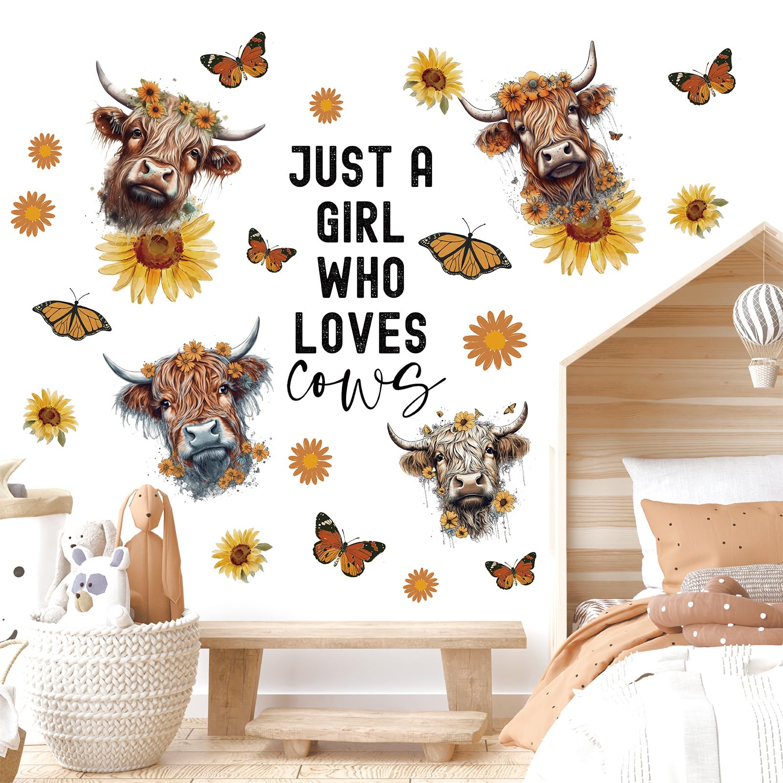 JarThenaAMCS 4 Sheet Highland Cow Wall Decals Rustic Cow Sunflower Butterfly Wall Stickers Waterproof Funny Animal Mural Wall Decor for Home Office