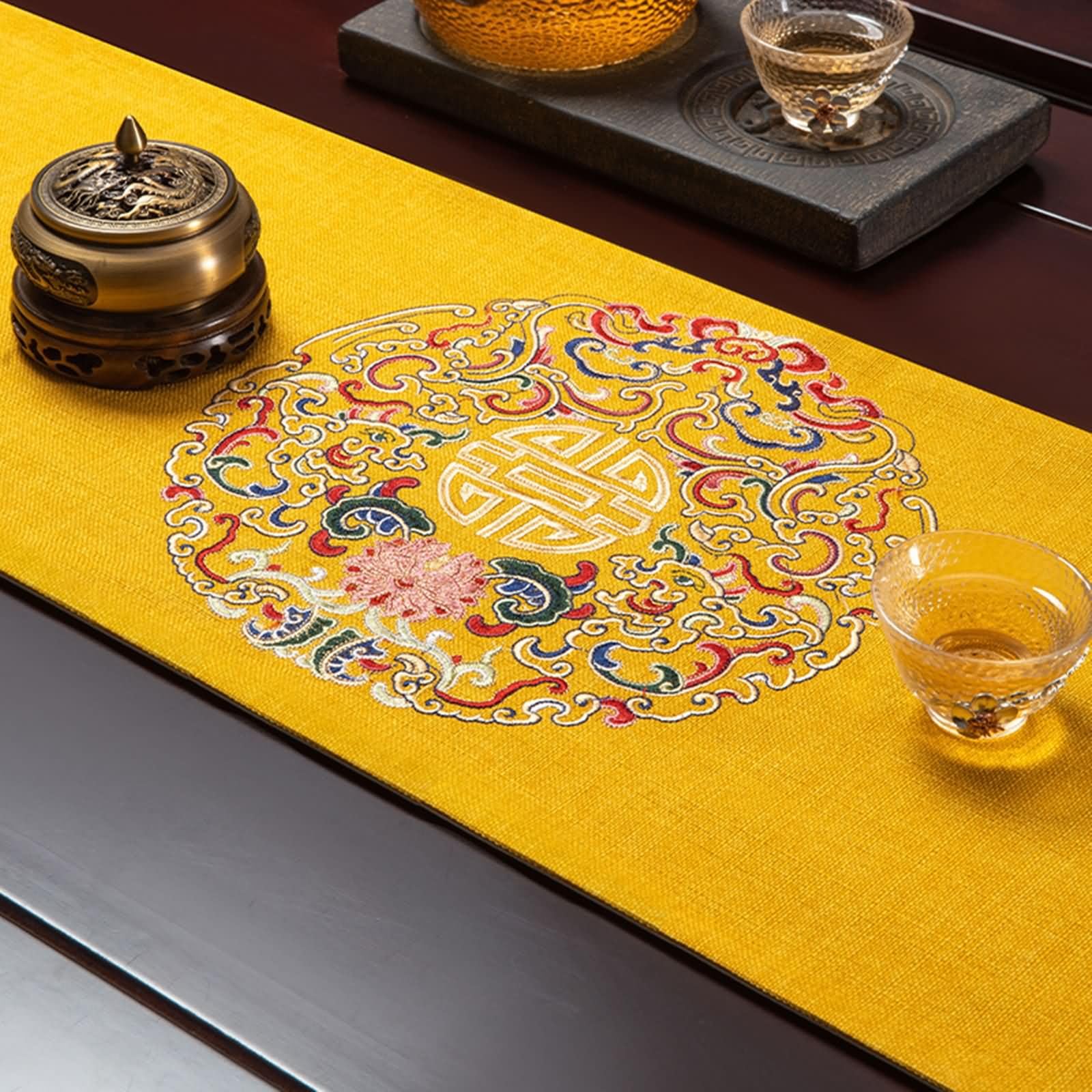 Runner Tavola Moderno Giallo con Motivi Floreali,Poliestere,33x120cm