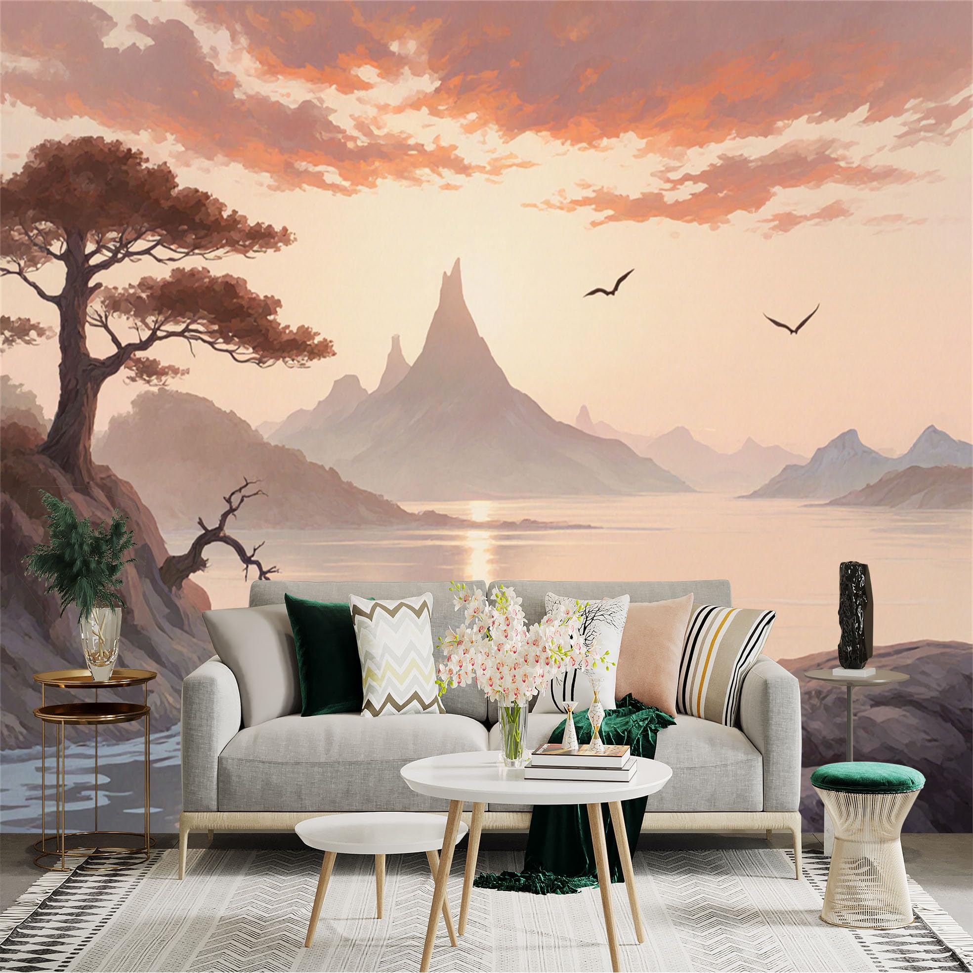Custom Size Wall Sticker Mural， Mountain Landscape with Lake， Sunset Sky and Flying Birds， for wall Decoration， peelandstick wall Decals.