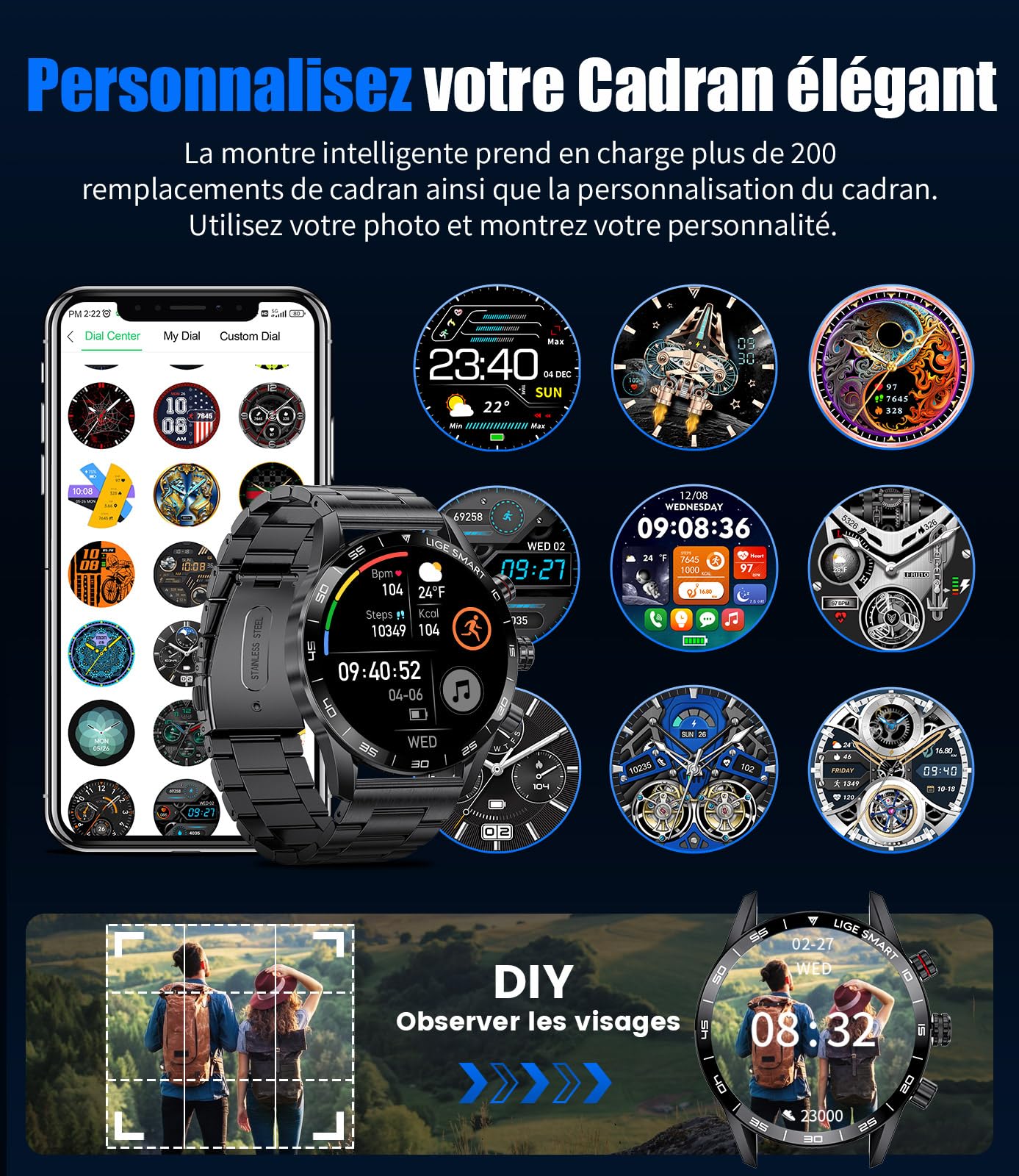 LIGE Montre Connectée Homme 1,43'' AMOLED, Appel Bluetooth, Assistant Vocal, 2 Bracelets, Autonomie 15 Jours, 124 Modes Sportifs Smartwatch iOS Android