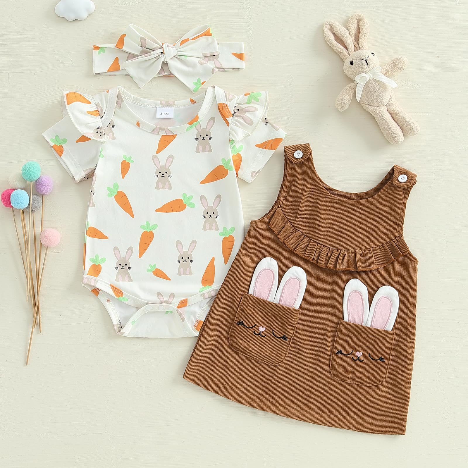 Finegoodwei Baby Girl Easter Outfit Bunny Carrot Ruffle Short Sleeve Romper Overall Dress Tie-up Headband 3 Piece Spring Set (Beige, 12-18 Months)