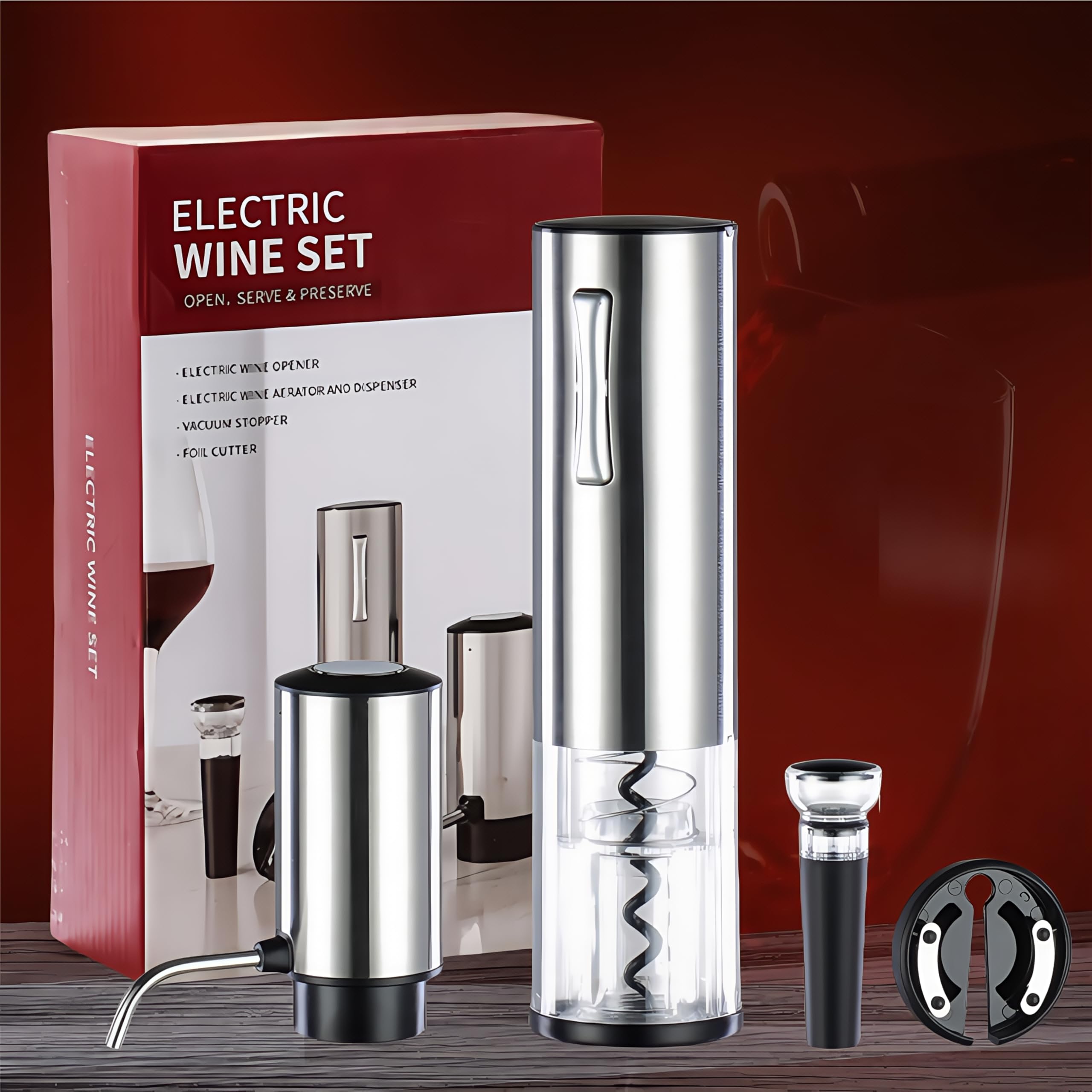 Electric Wine Opener and Decanter Set, Rechargeable Electric Cork Puller &amp; Wine Aerator with Foil Cutter, Vacuum Wine Stopper for Preservation, USB Charging, Stainless Steel (4-Piece)