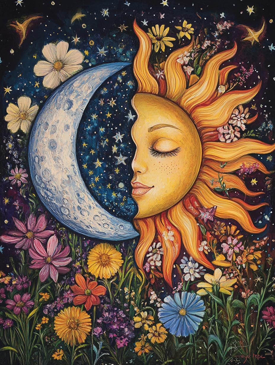 Sun and Moon Diamond Art Kits for Adults,Flowers 5D Diamond Painting Kits for Adults Beginners,DIY Full Round Drill Diamond Dot Painting Gem Art Kits for Adult Home Wall Decor 12x16Inch