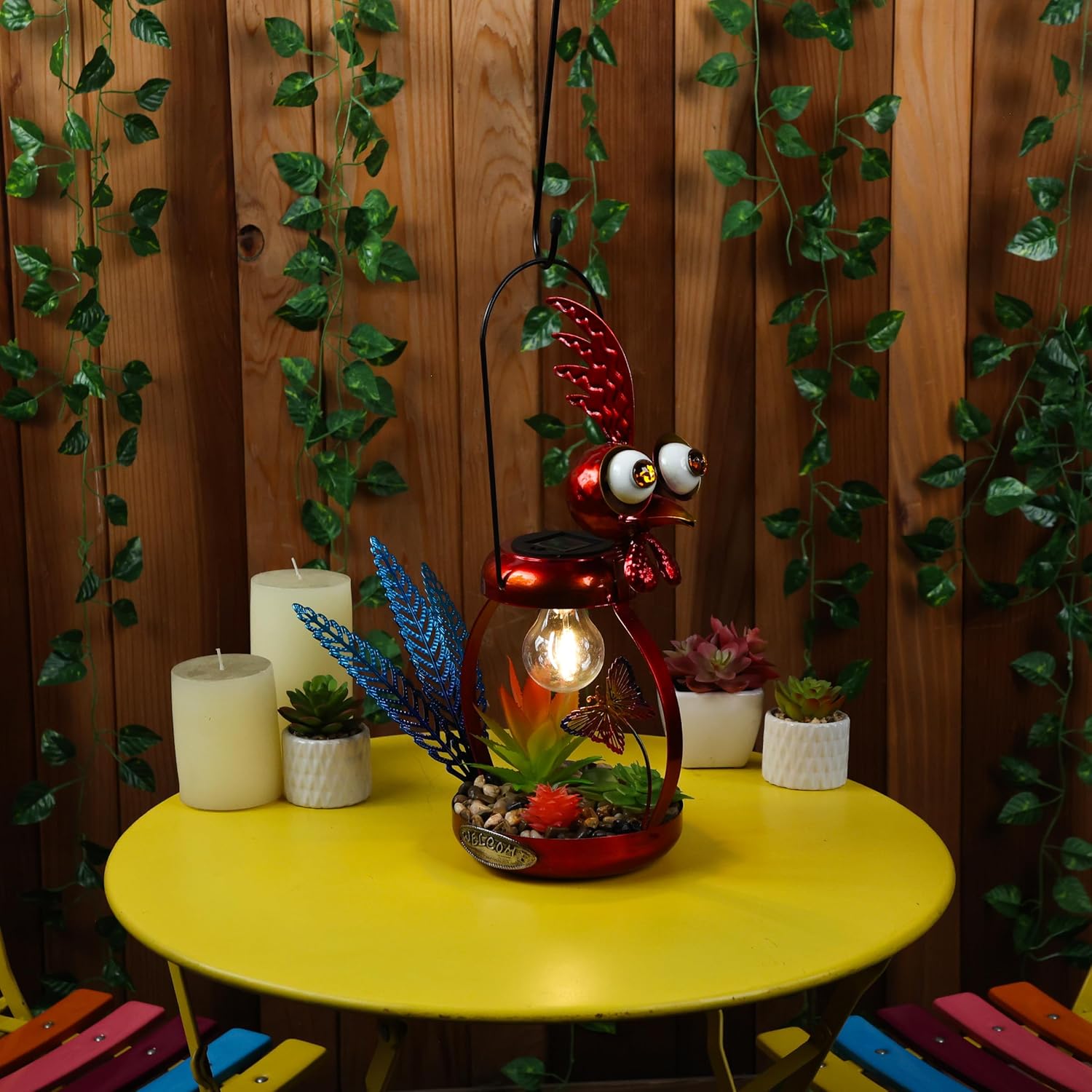 Alpine Corporation LYT286SLR-HH Solar-Powered Metal Rooster w/Garden Enclosed LED Light Decor, Solar Patio Decor, 16''H, Red