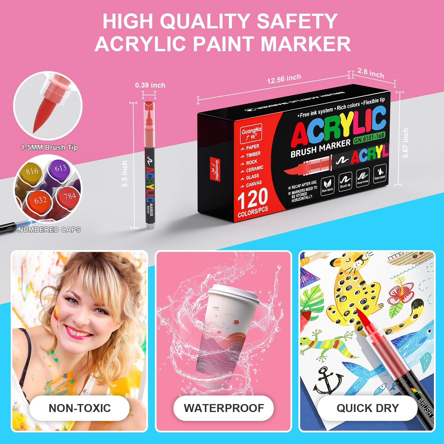 DICEKOO Acrylic Paint Markers 120 Colors, Brush Tip Markers No Bleed with Automatic Ink Control, 30% More Ink, Water-Based Coloring Markers for, Paper, Rocks, Wood, Canvas, Egg, DIY Crafts
