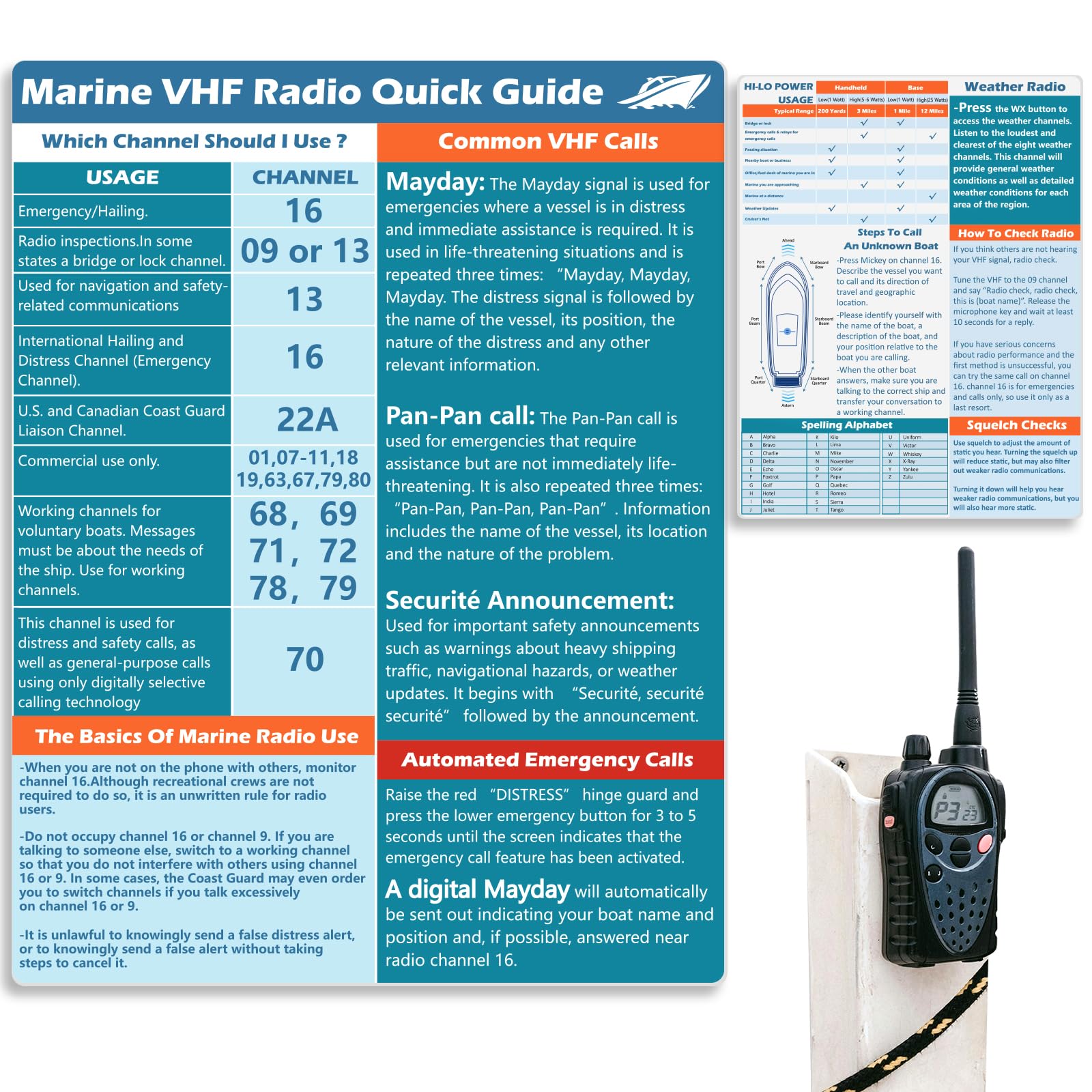 3 Pcs VHF Radio Marine Quick Guide Chart 8.5×11 inch Boating Reference Card Letter Size Boat Accessories Sailing Gift Boat Gift Boat Must Haves for