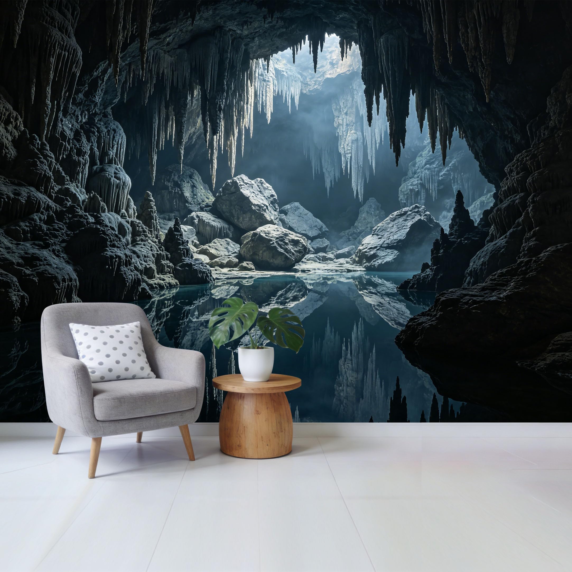 Custom Size Wall Mural Underground Cave Lake Stalactite Reflection 3D Removable Self Adhesive Fabric Home Wall Decor for Living Room Bedroom Bathroom Contemporary Mountain View