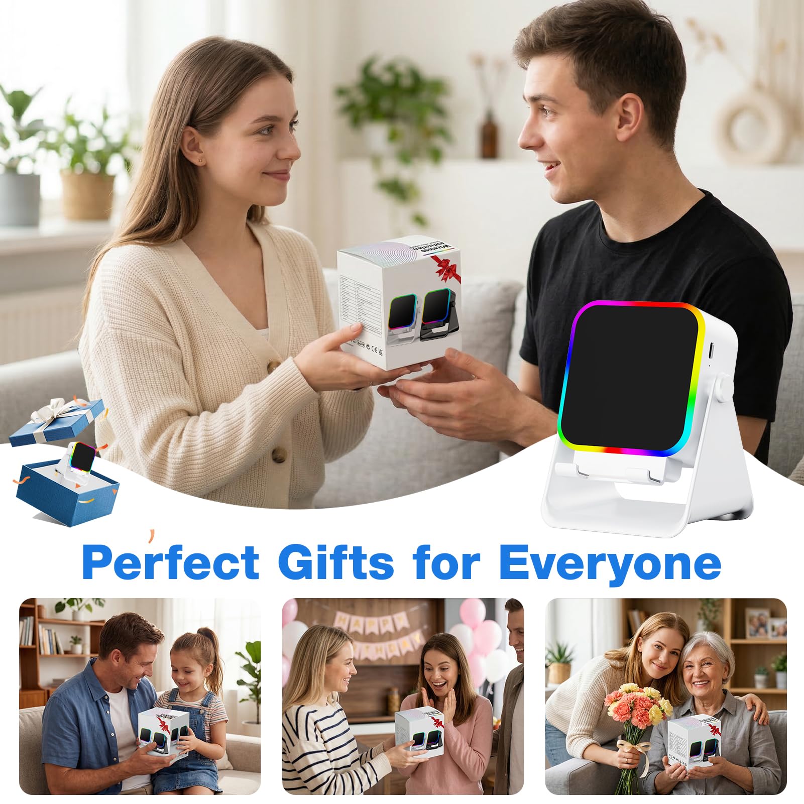 TARKARI Altoparlante wireless a induzione, altoparlante Bluetooth con supporto per telefono e luce RGB, suono surround HD, compatibile con iPhone, Android, iPad, Samsung, regalo di compleanno per