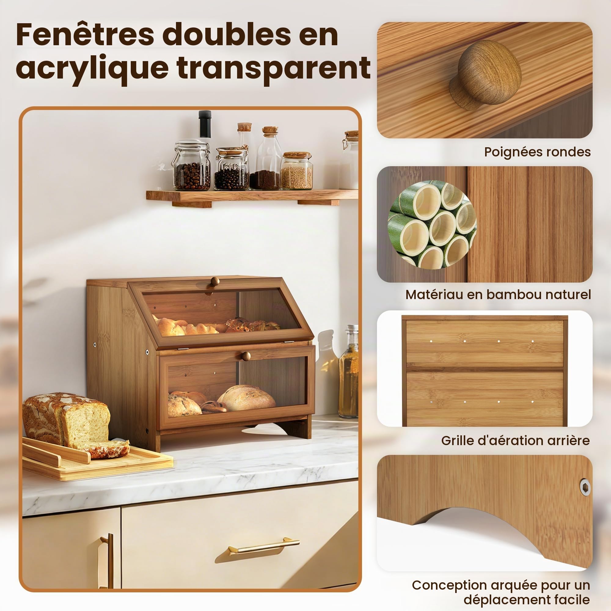 Pamapic Boîte à pain en bambou, boîte à pain de cuisine à 2 étages, boîte à pain avec planche à découper et pince à pain, fenêtre transparente, partiellement assemblée, 39 x 25 x 32 cm, marron
