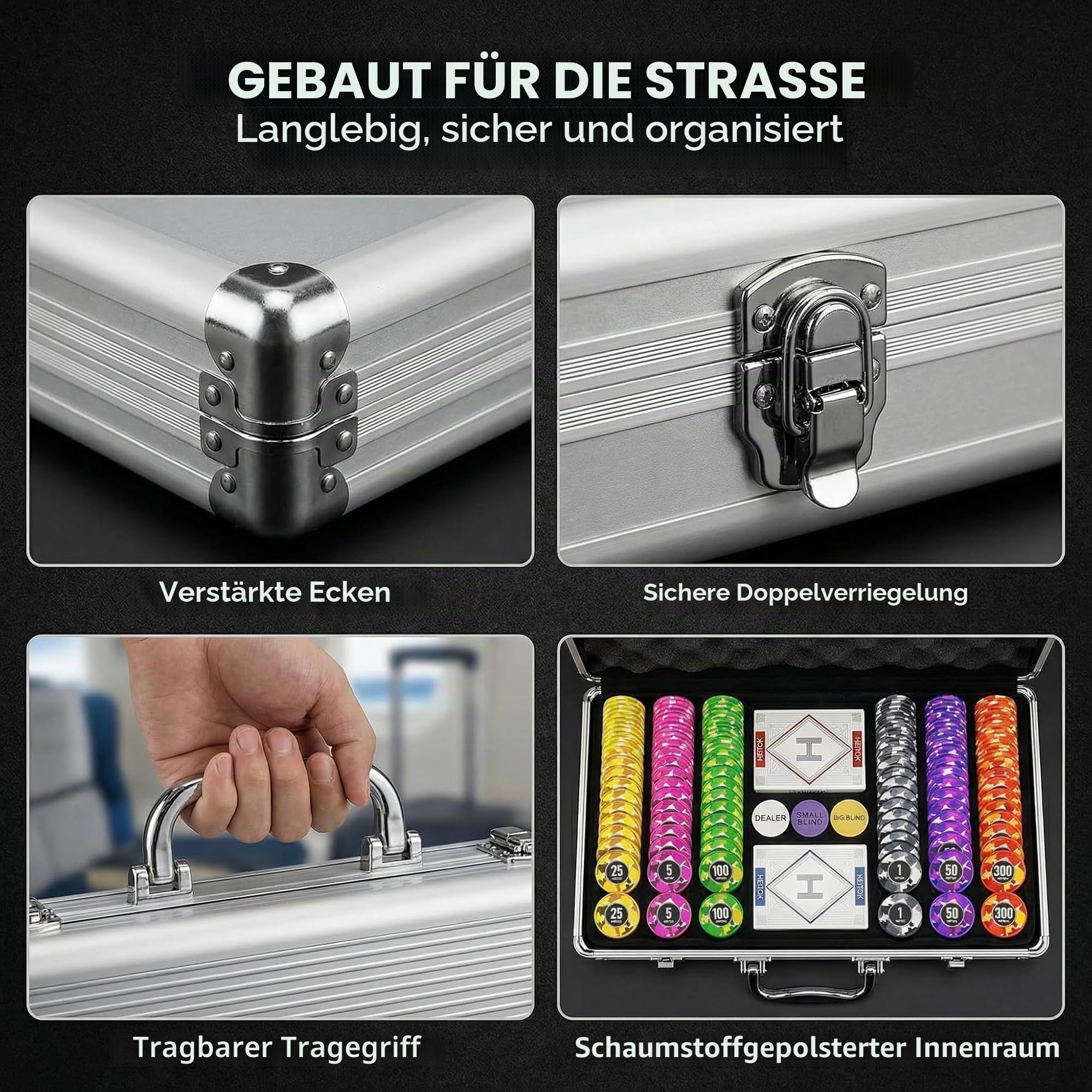 HEITOK Pokerkoffer 500 Chips 11.5g Eisenkern ohne Nennwert Texas Holdem Set | 2-10 Spieler, eigene Einsätze frei definieren, Blackjack, Karten, Würfel, Dealer und Small/Big Blind Buttons, Pokerrunden