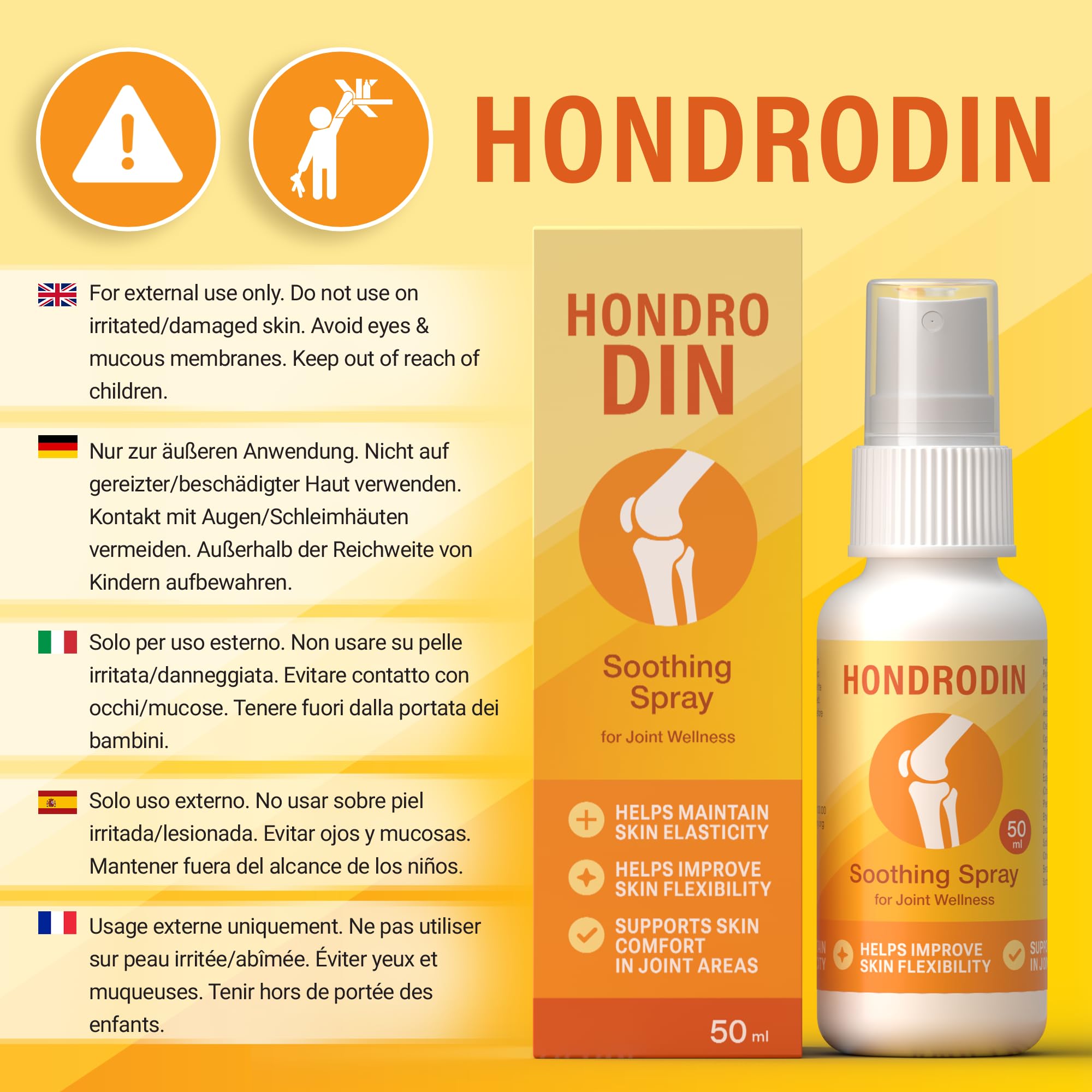 HONDRODIN Joint Health Spray 50 ml, spray massaggiante per zone articolari, supporta il comfort della pelle, aiuta a mantenere l'elasticità e la flessibilità cutanea, assorbimento rapido