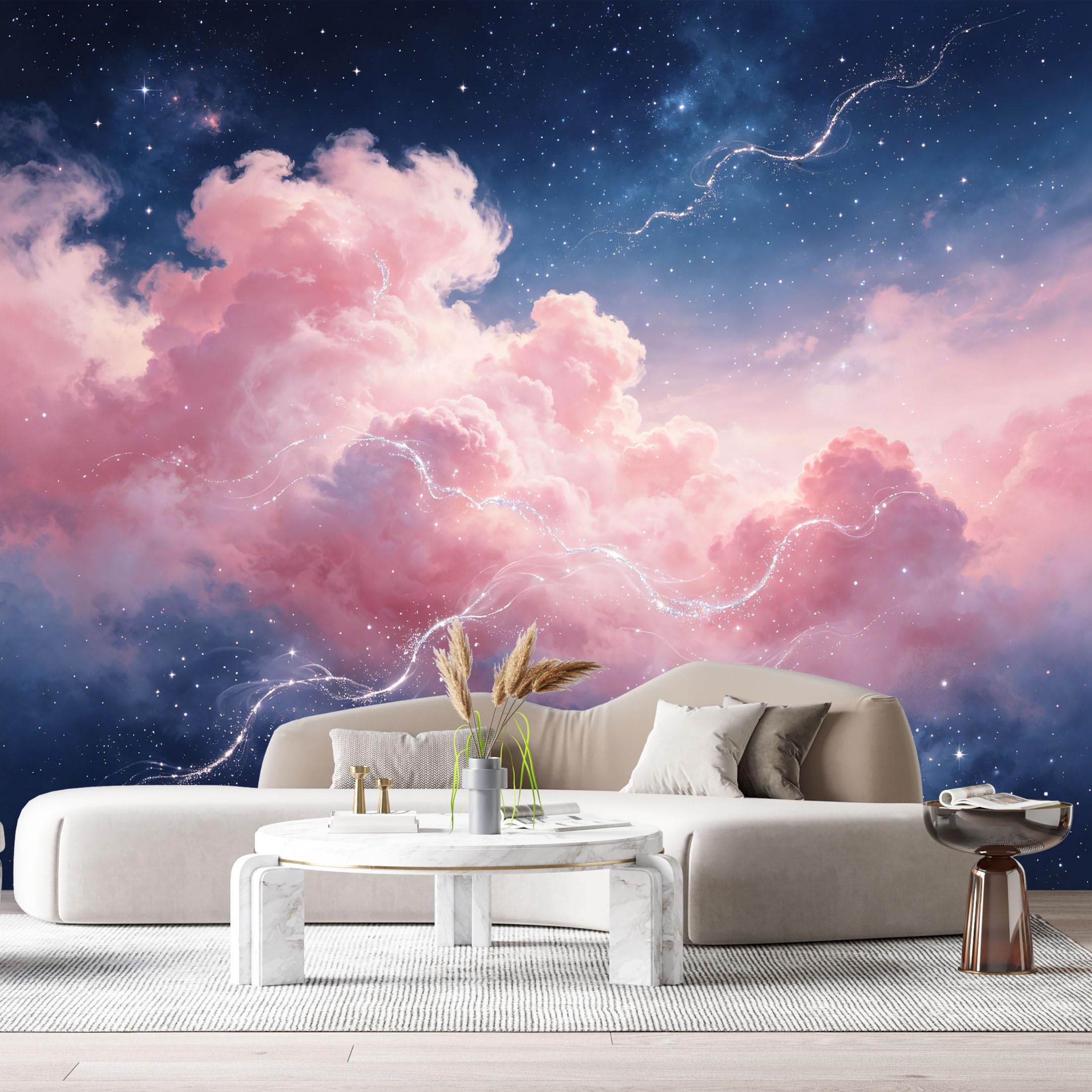 Custom Size Wall Murals Pink Clouds Night Sky Galaxy Watercolor Modern SelfAdhesiveWall Fabric Removable Wallpaper Wall Decor for Living Room Bedroom Bathroom