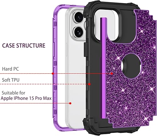 Miniatura 2 de LONTECT Funda para iPhone 15 Pro Max con purpurina brillante 3 en 1, a prueba de golpes, resistente, híbrida, resistente, funda protectora de alto
