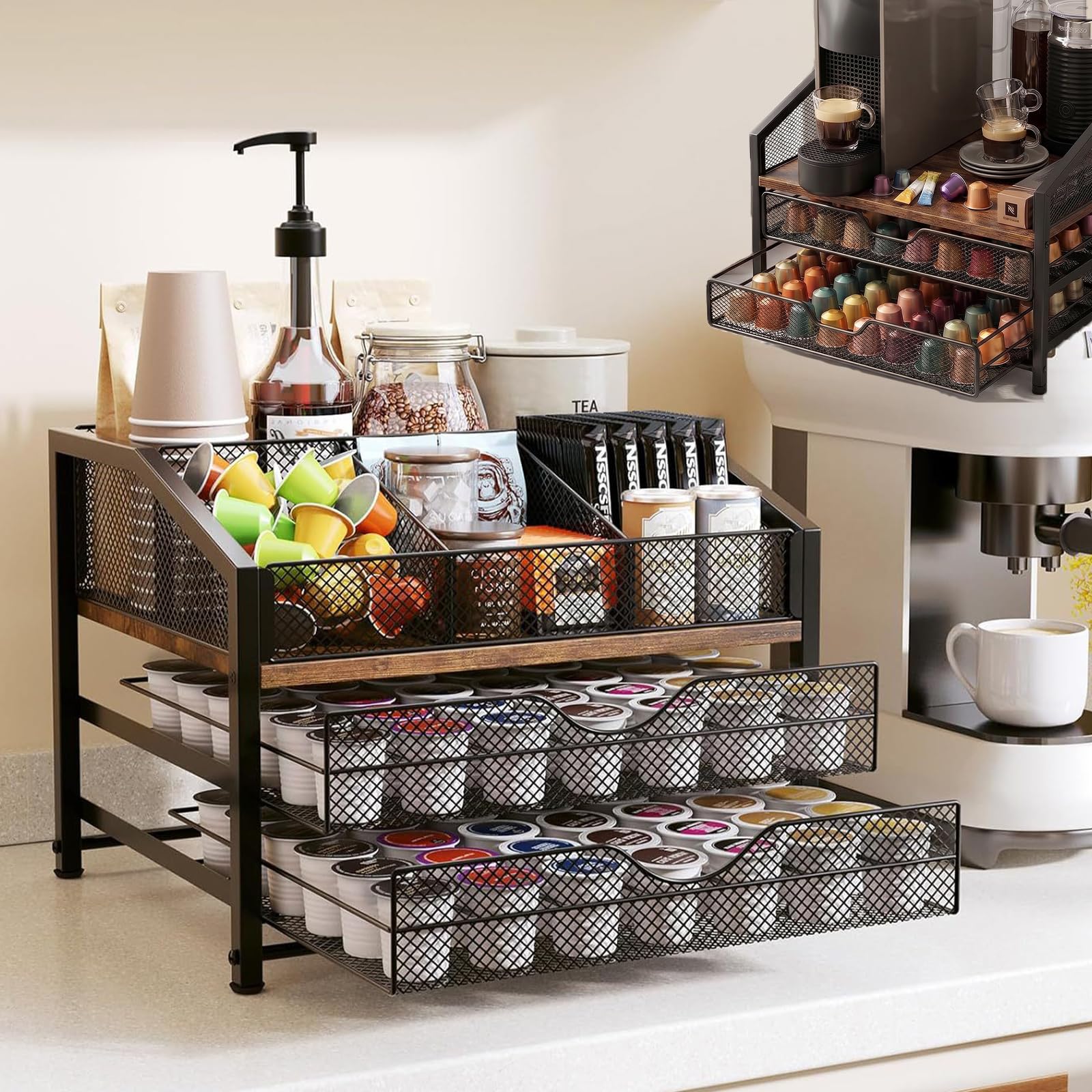 84 Coffee Pod Storage Drawer Holder Holds 84 Compatible Sturdy Coffee Pods Maker Stand 2-Tier for Storage Organizer for Home Kitchen Counter Black