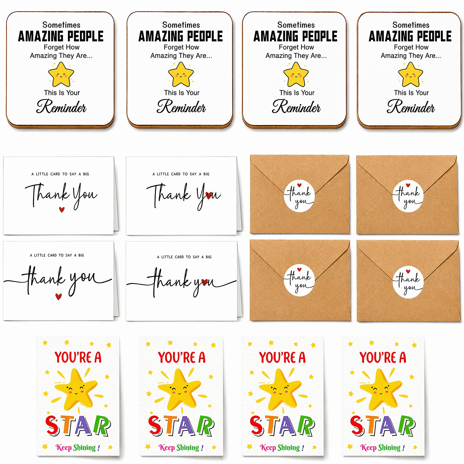 4 Set Thank You Gifts, Coasters with Thank You Cards Envelopes and Stickers