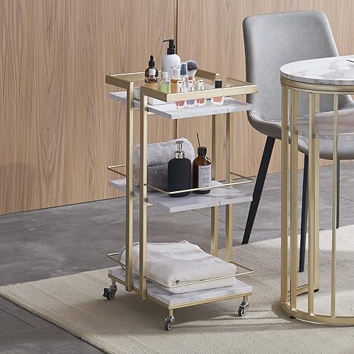 Miniatura 8 de BarberPub Carrito de salón utilitario, carrito de peluquería con ruedas de almacenamiento de metal, carrito de esteticista dorado, carrito facial