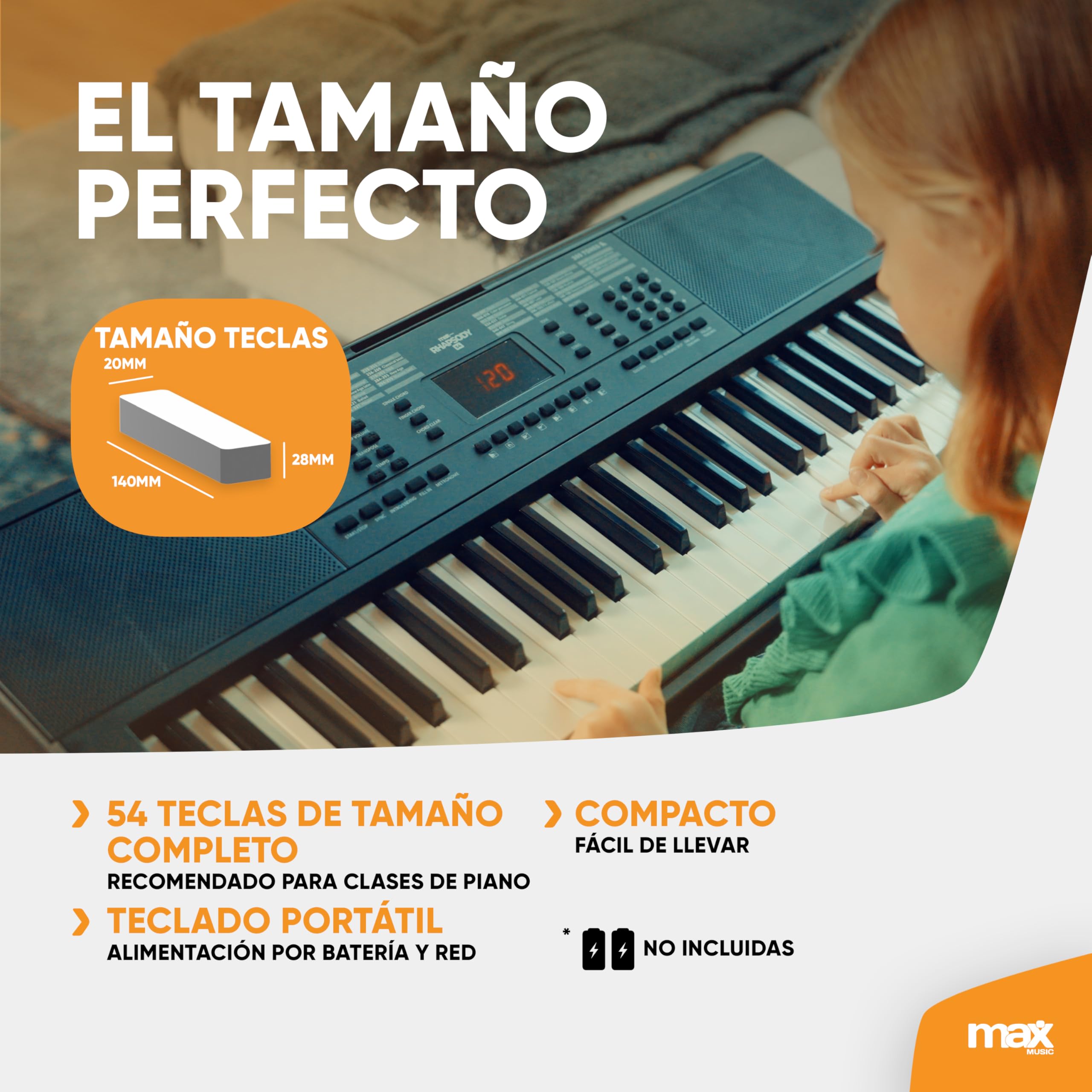 MAX Rhapsody54 - Piano eléctrico de 54 teclas para principiantes, teclado con función de aprendizaje, pantalla, 50 canciones de demo, 300 sonidos, 8 percusiones, altavoces, soporte de teclado y atril