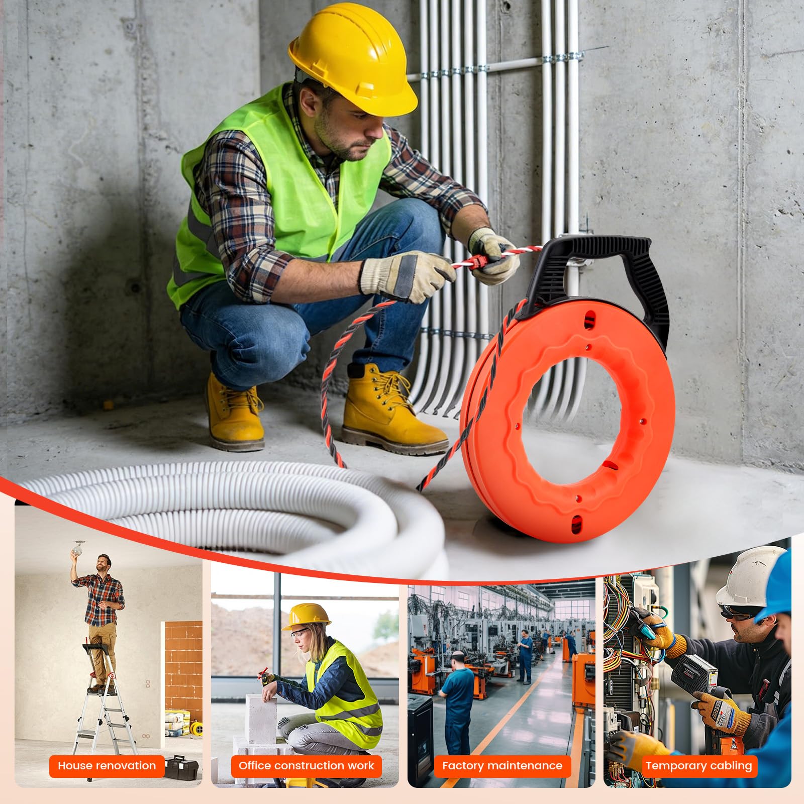 Guía Pasacables 30m, Enhebrador de Alambre Electrico Diámetro 5 mm, Sonda Guía para Electricista con 2 Muelles de Guía, con Mango, Herramienta para Pasar Cables en Instalaciones Eléctricas (Naranja)