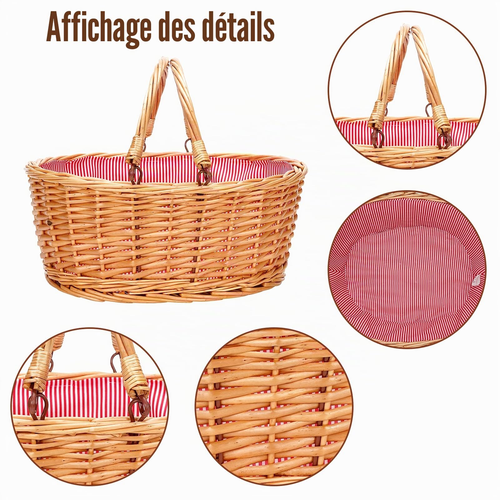 Panier de pique-nique en osier avec deux poignées pliantes, panier vide en saule naturel, panier vide pour œufs de Pâques, bonbons, vin, jouets, fleurs, cadeaux de mariage (gris) (rouge)