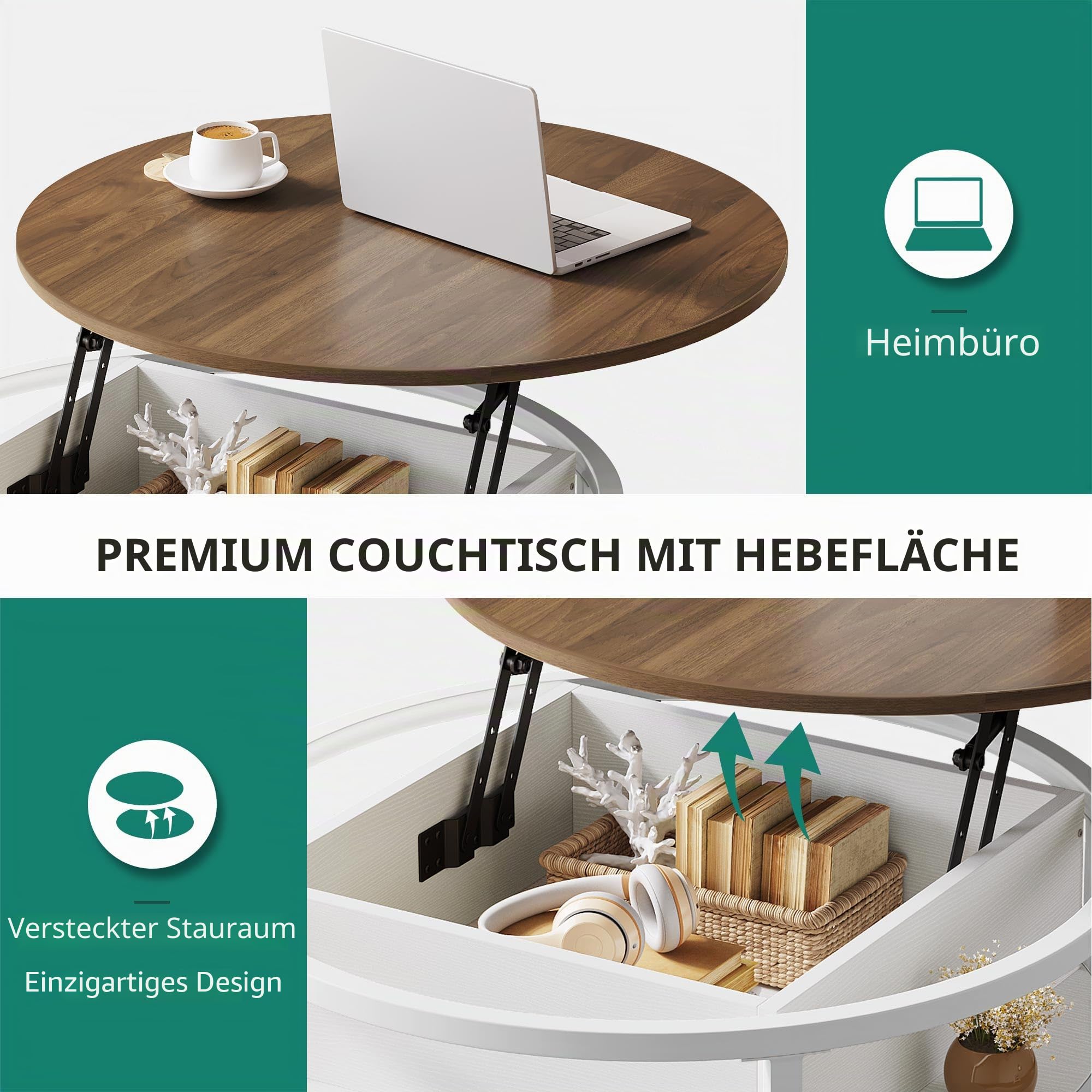 YITAHOME Couchtisch Rund mit Hebeplatte, Wohnzimmertisch mit verstecktem Ablagefach, Beistelltisch Rund mit Stauraum für Home Office, Runder Mitteltische Wohnzimmer, Weiße Eiche